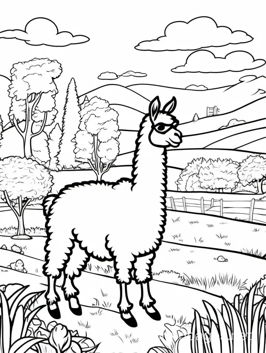 story book area 

with semi fluffy llama with  backpack trotting through field



, Coloring Page, black and white, line art, white background, Simplicity, Ample White Space. The background of the coloring page is plain white to make it easy for young children to color within the lines. The outlines of all the subjects are easy to distinguish, making it simple for kids to color without too much difficulty