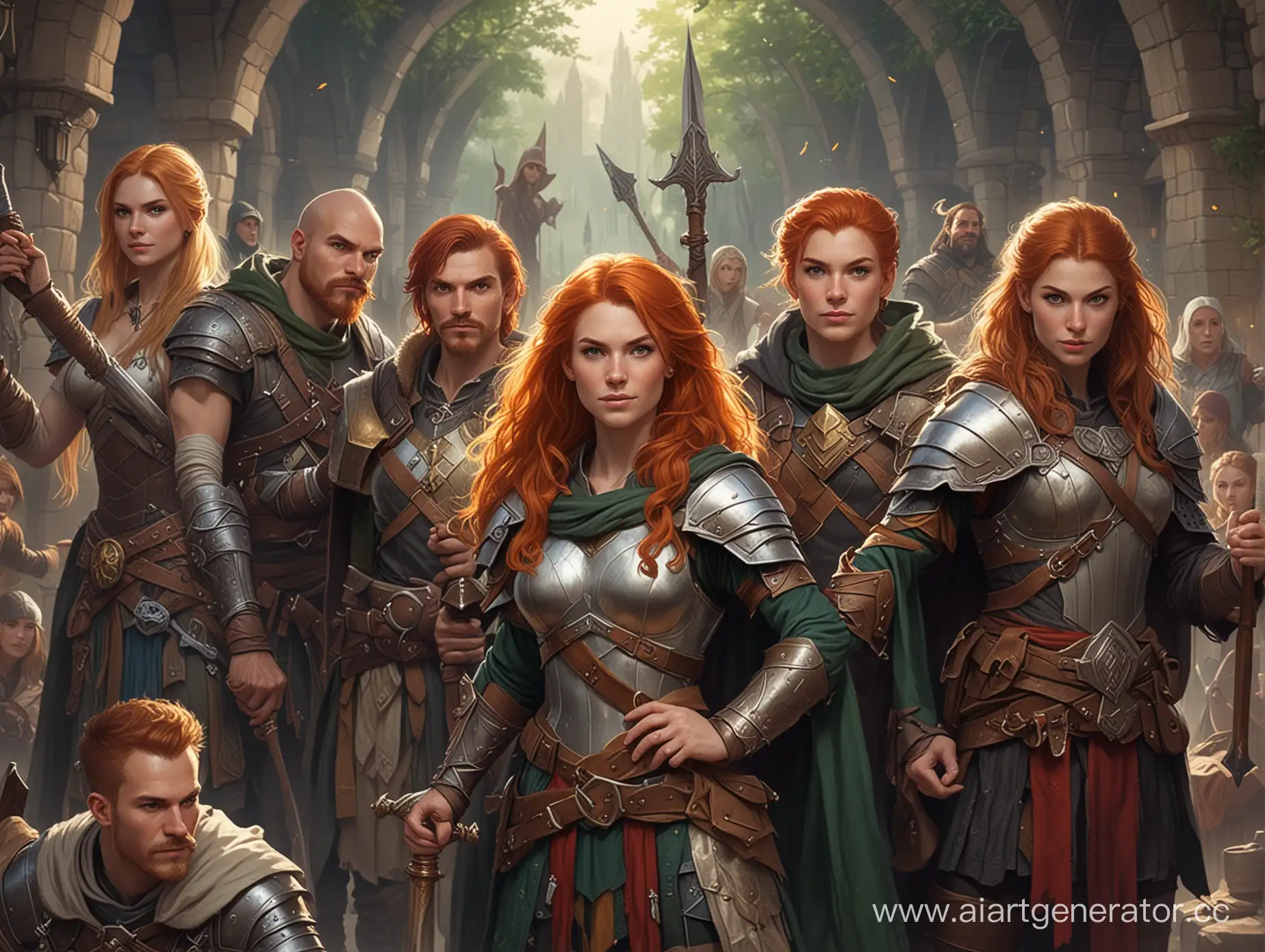 Draw an image of a dungeons and dragons' Party including a female redhead dwarf, a young blonde human cleric, a tall and strong female wizard with cloak, a human Greek warrior bald with a mustache, and a human ranger similar to Robin hood.
