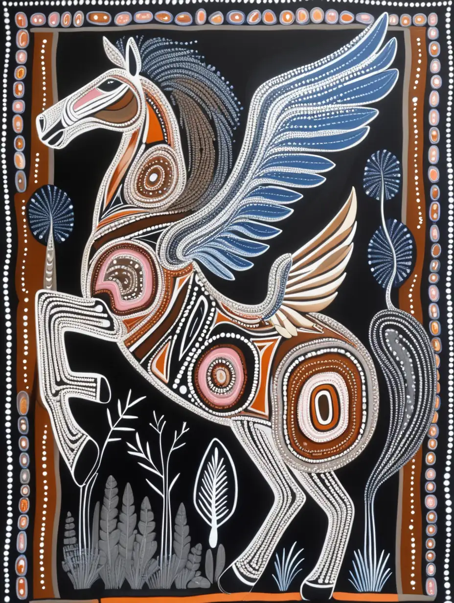 modern-australian aboriginal-art-in-earthy-colors-with-white background, black, navy blue pink-blue-forest green -orange-brown-white-grey- black-with-a-pegasus