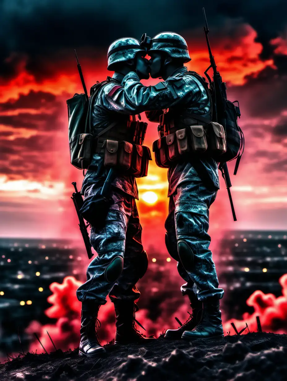 two soldiers kissing and overlooking a battlefield, manga style colorful sunset bloody clouds vivid uhd 8k very atmospheric NIkkon professional photography shiny meteorits extremely photorealistic high detailed sharp focus intricate
