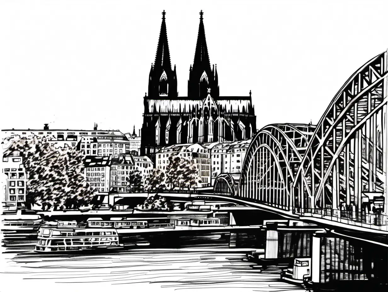 Cologne Cathedral and Rhine River in Exquisite Ink Drawing