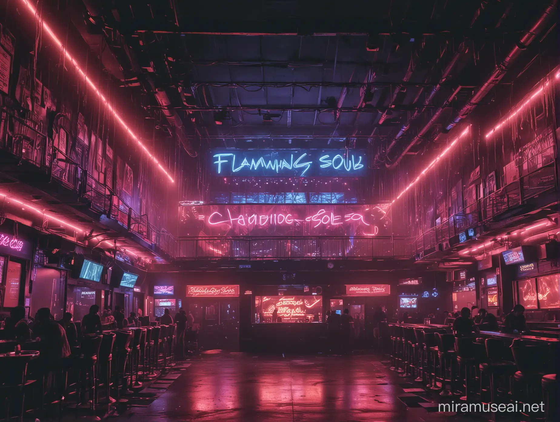 a cyberpunk big night club in staten Island New York, the club has the name "FLAMING SOUL"