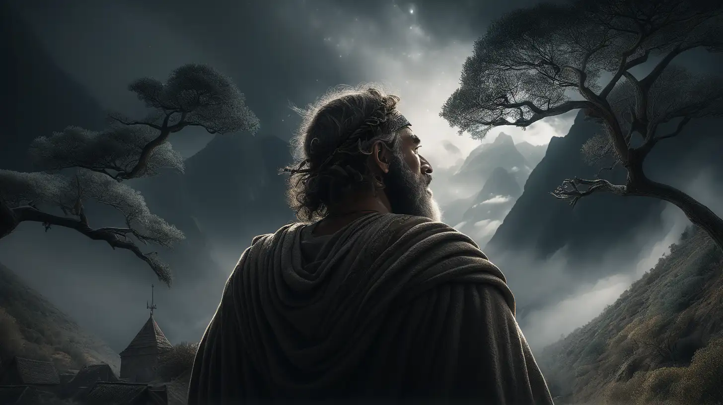 Imagine Isaiah, son of Amos, in an ancient village nestled amidst towering mountains against a dark black backdrop. Surrounding him are towering trees, their branches reaching for the heavens. Capture this moment in an 8K close-up image, conveying the weight of prophecy and the profound connection between humanity and the divine within nature's embrace.