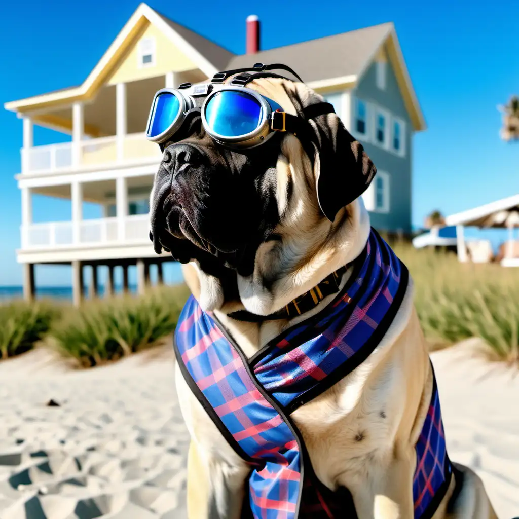 English mastiff wearing time travel outfit and goggles on his head with a beach house in the background