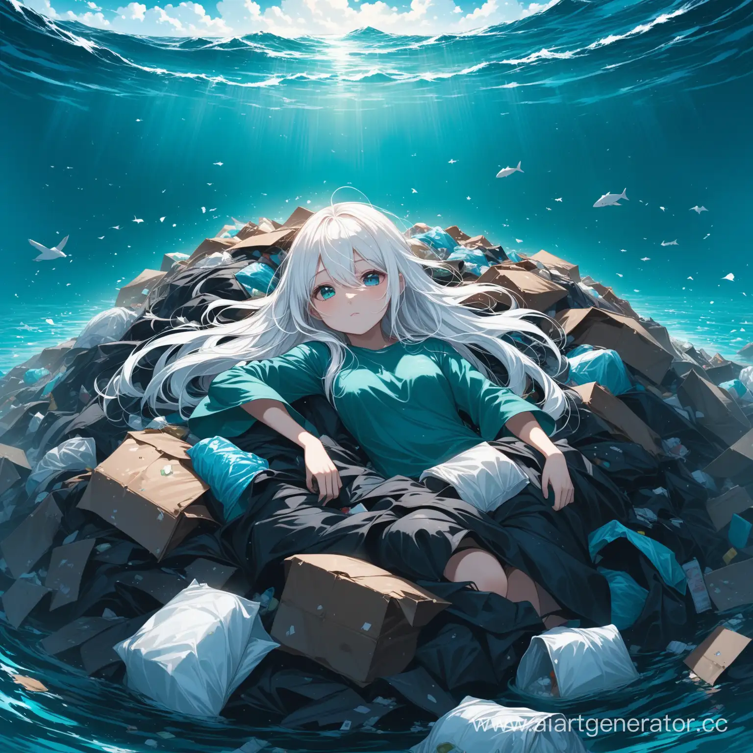 dark art, dark turquoise water around a pile of garbage, the character of a girl with long white hair lying in a pile of garbage, dark blue sky