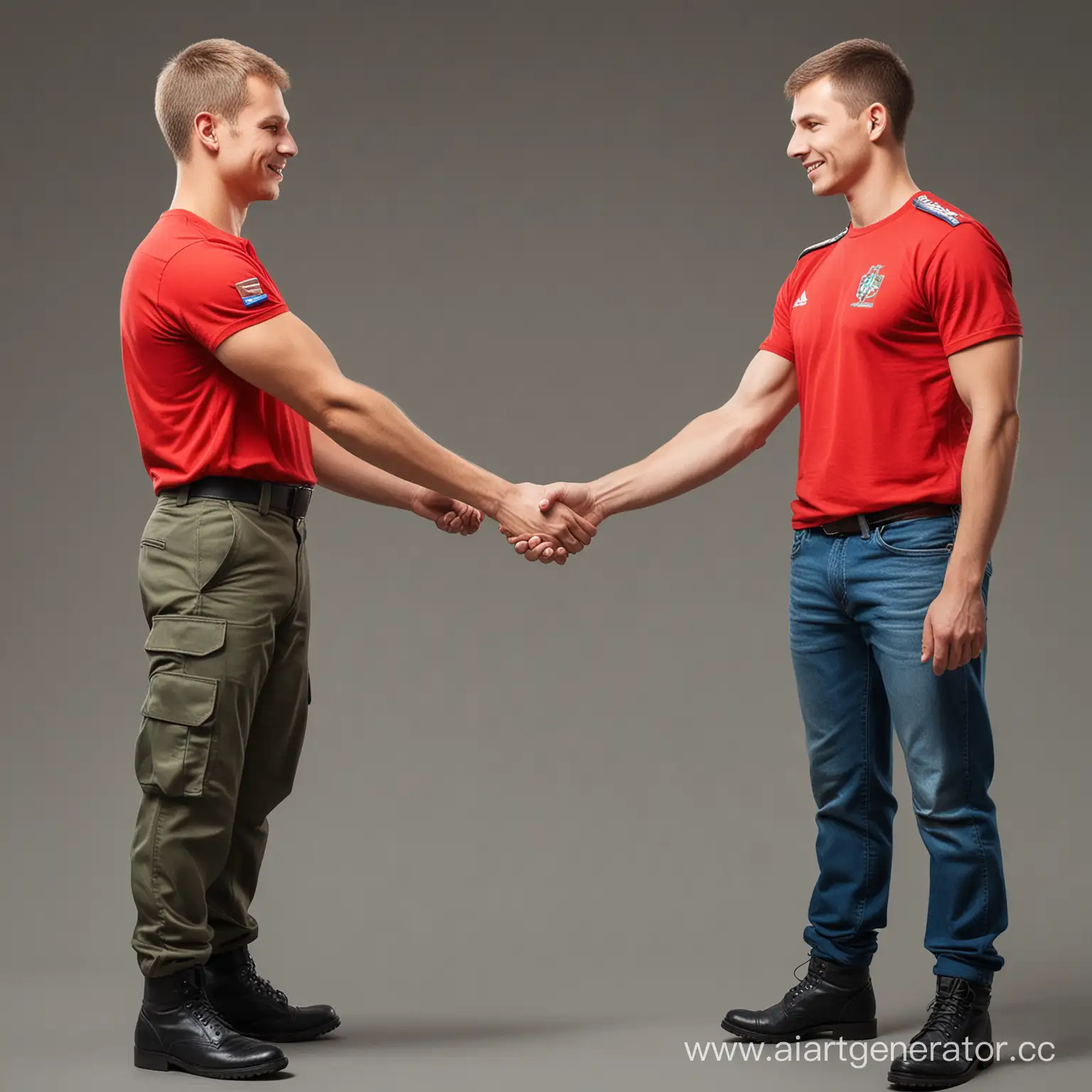 Нарисуй военного армии России, который пожимает руку Гражданскому человеку в красной футболке, сделай так, чтобы было видно лица, люди изображены с головы по пояс