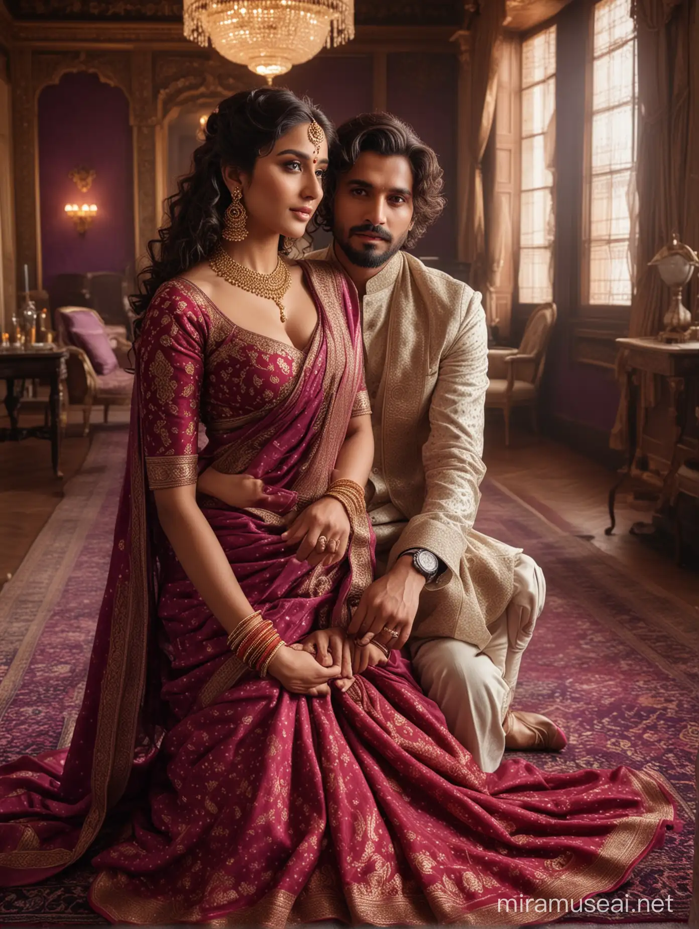 Romantic Indian Couple in Traditional Attire with Vintage Palace Ambiance