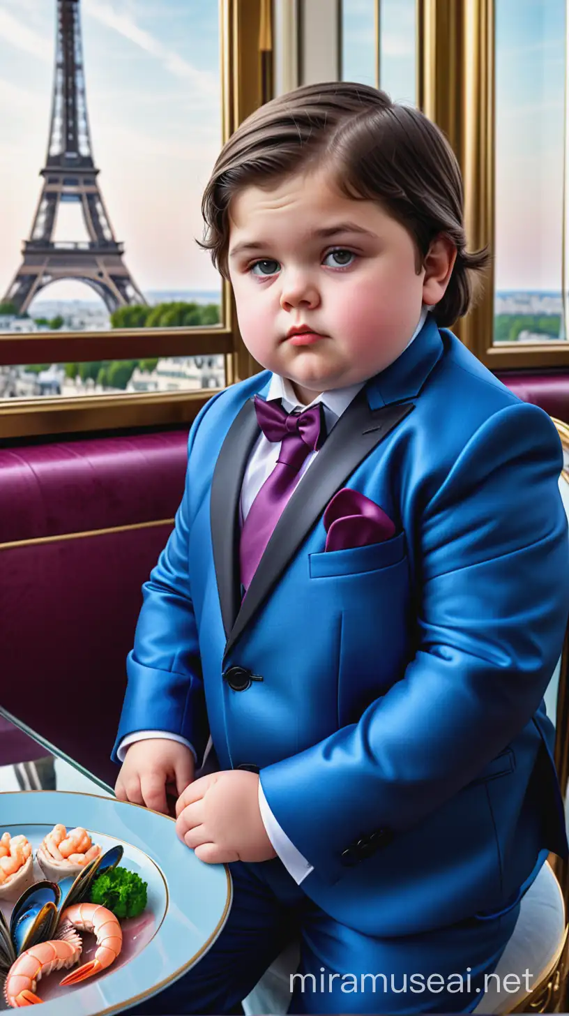 Slavic Child in Blue Suit Enjoying Seafood at Eiffel Tower Restaurant