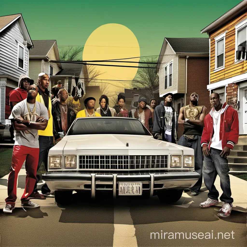 African American Hip Hop Artists Riding Vintage Cars in Urban Neighborhood 2013 Album Cover Art