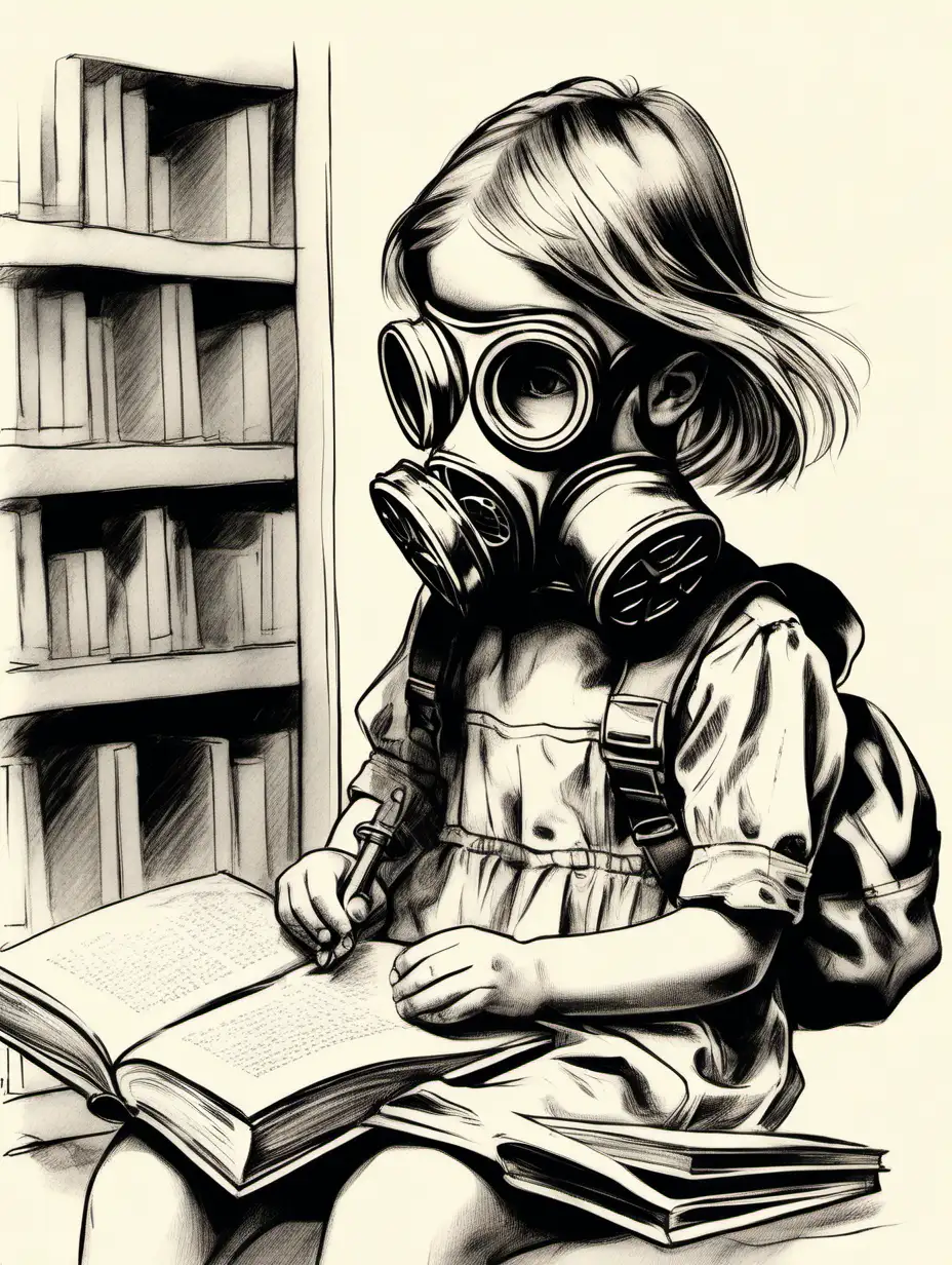 Young Girl Wearing Gas Mask Engrossed in Reading Books Sketch