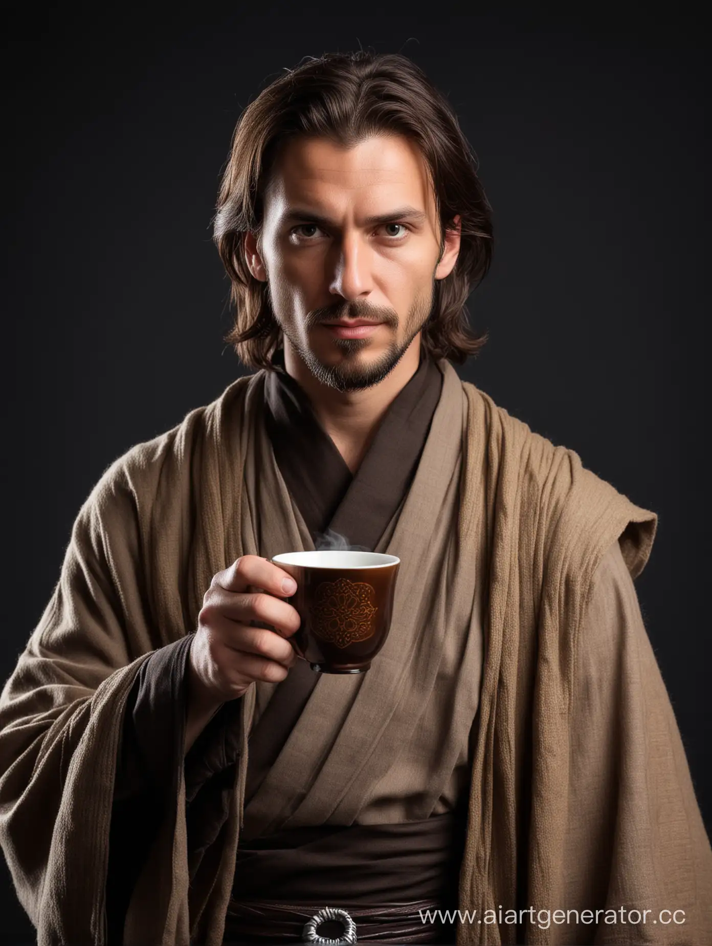 взрослый мужчина джедай на чёрном фоне пьёт чай
