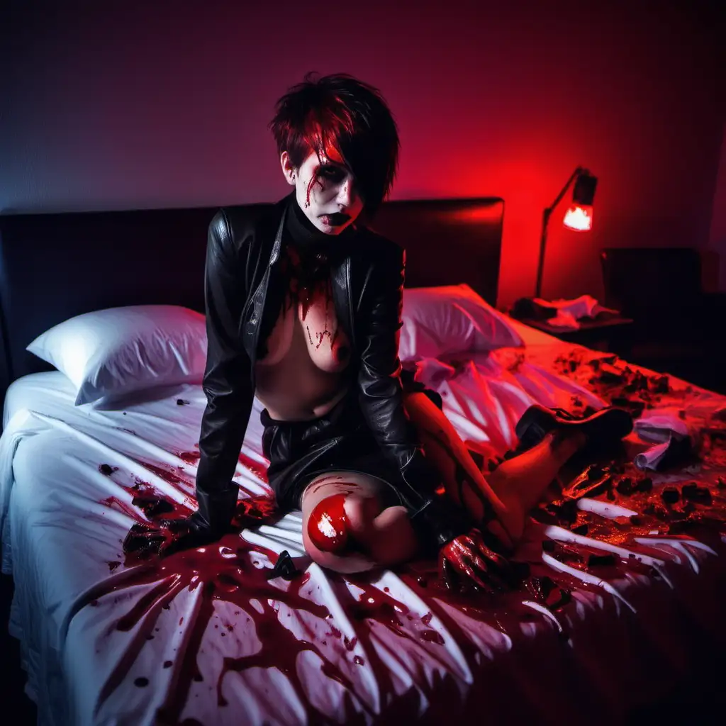 Goth. Short hair. Red neon lights. Hotel. Bed. Laying down. Nude. Covered in blood. Torn clothes.