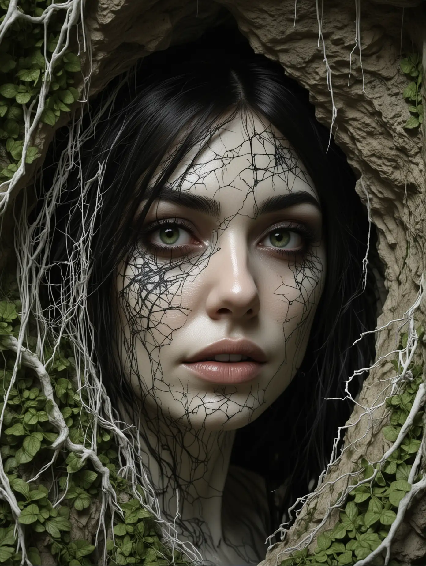 Create a 4k white 3d intricate artistic stone art of a beautiful, sexy and stunning face of a British woman in gothic style not looking straight in a deep dark black uneven broken cave, black hair, white face, horror, many cobwebs around cave, spiders across cave, subtle green coloured creepers around cave, matt finish, dynamic lighting, subtle colours