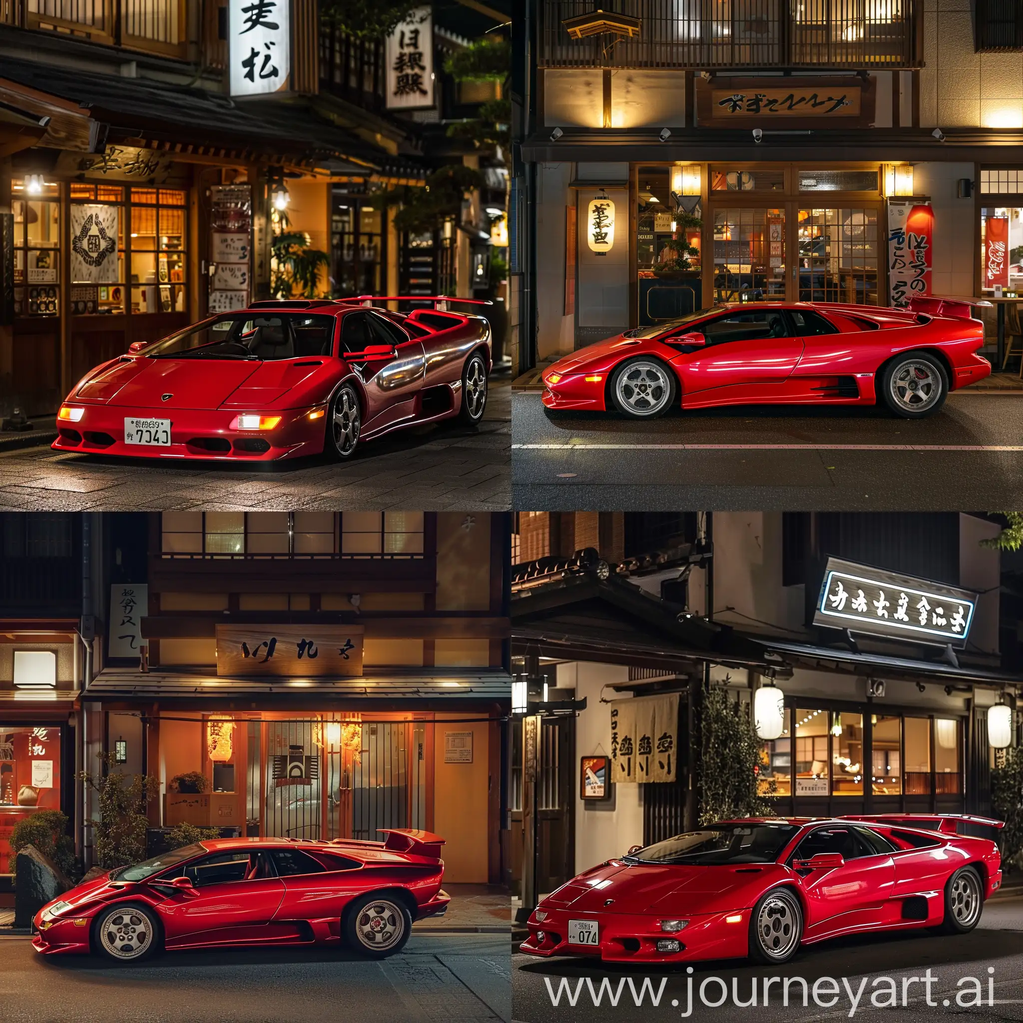 Red Lamborghini diablo, parked, outside, in front of a Japanese restaurant, at night