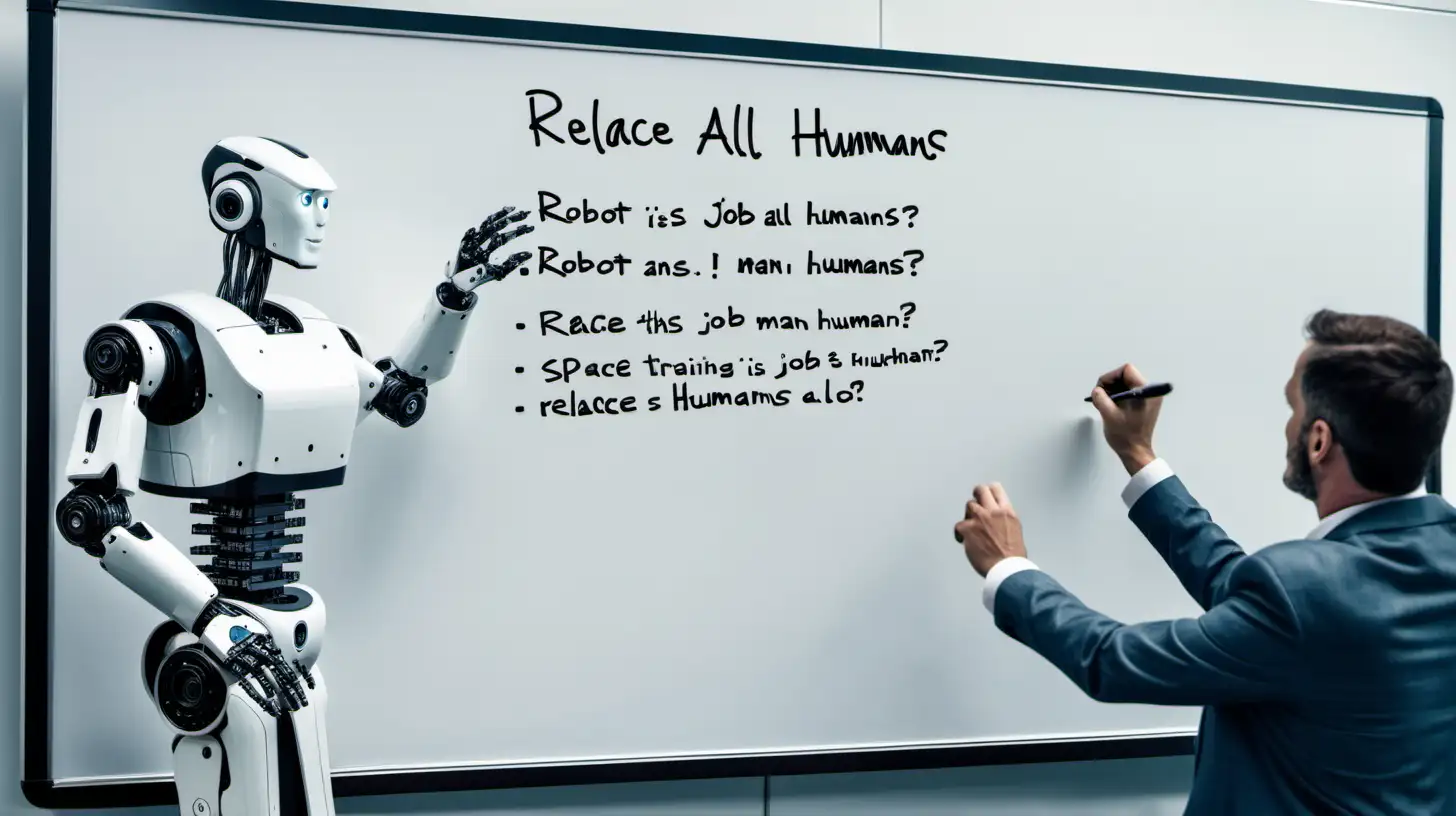 image of  a man training a robot at a whiteboard  to replace the mans job.   The robot is watching the board as the man writes down "replace all humans"