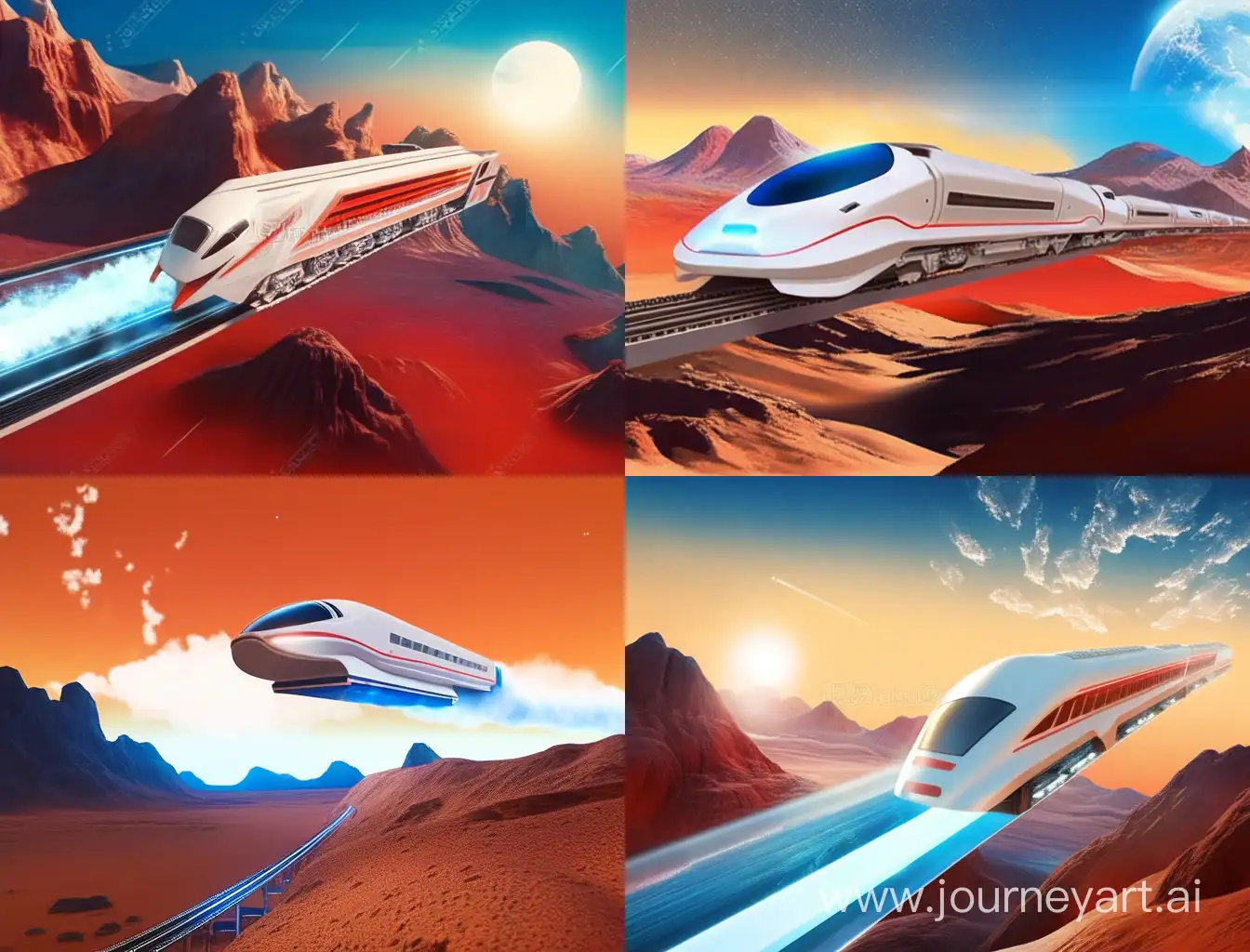 futuristic white train traveling at high speed in the sky above the surface of Mars. The train is sleek and aerodynamic, with blue energy glowing from its sides. The train is leaving a contrail of blue energy behind it. The surface of Mars is red and dusty, with craters and mountains in the distance. The sky is dark and starry.
