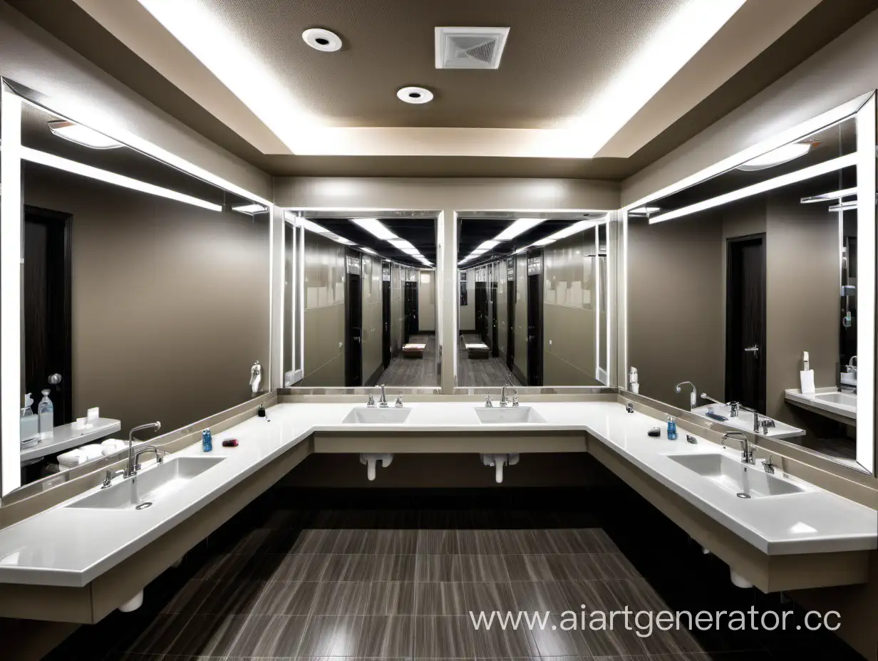 красивые общественные туалетные комнаты с зеркалами и большими раковинами 