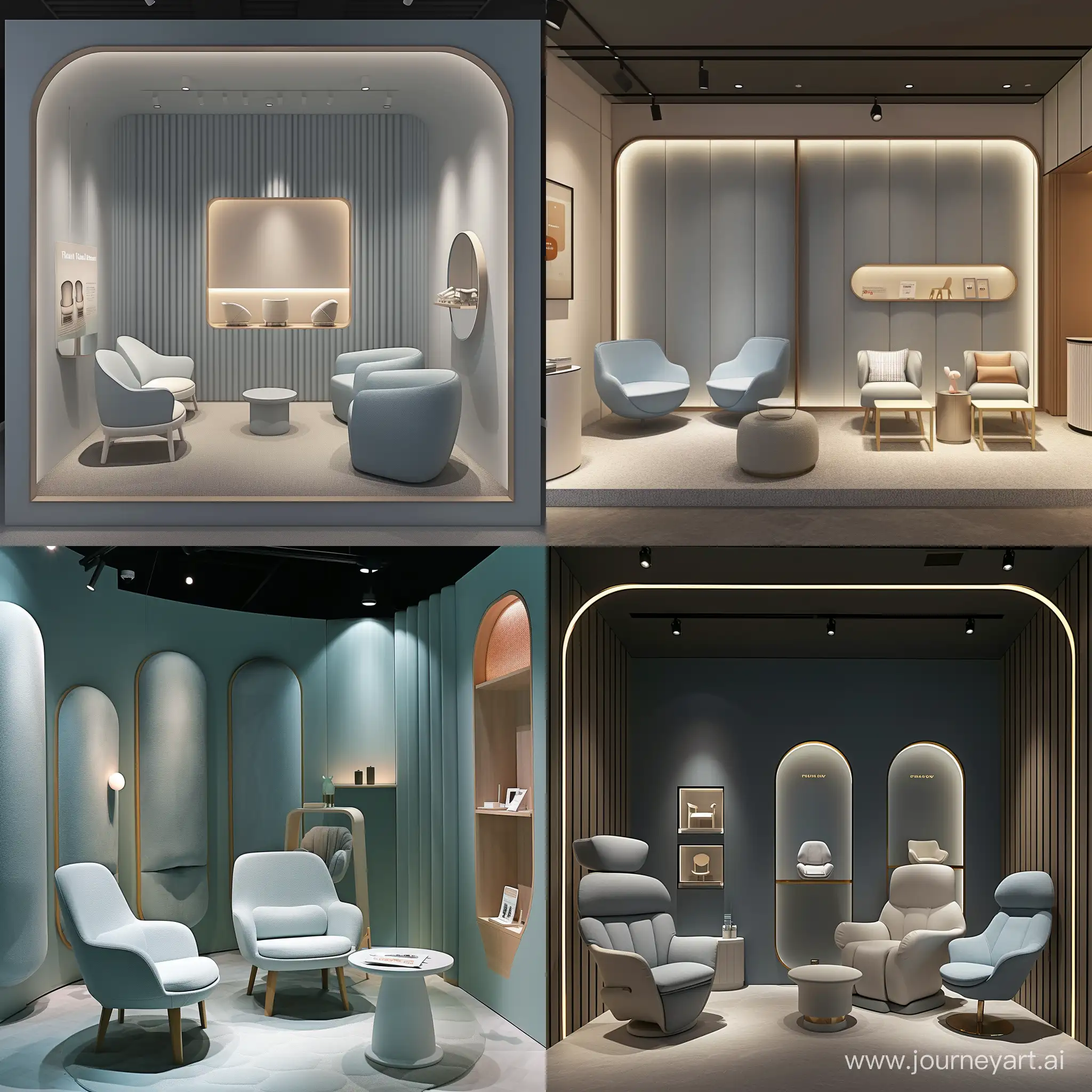 imagine an image of Private Viewing Room (Approx. 6.75 sqm) of kids chair showroom:
Color and Material: Calming colors like soft blues or greys; luxurious, sustainable materials for furniture; sound-absorbing wall panels.
Items and Elements: Comfortable seating; a display area for private viewing of chairs; perhaps a small table for discussions.
Graphic Features: Subtle branding; possibly a display or artwork that reflects the brand's ethos.
Lighting: Adjustable lighting, ranging from soft ambient to bright focus lighting for chair examination.realistic style
