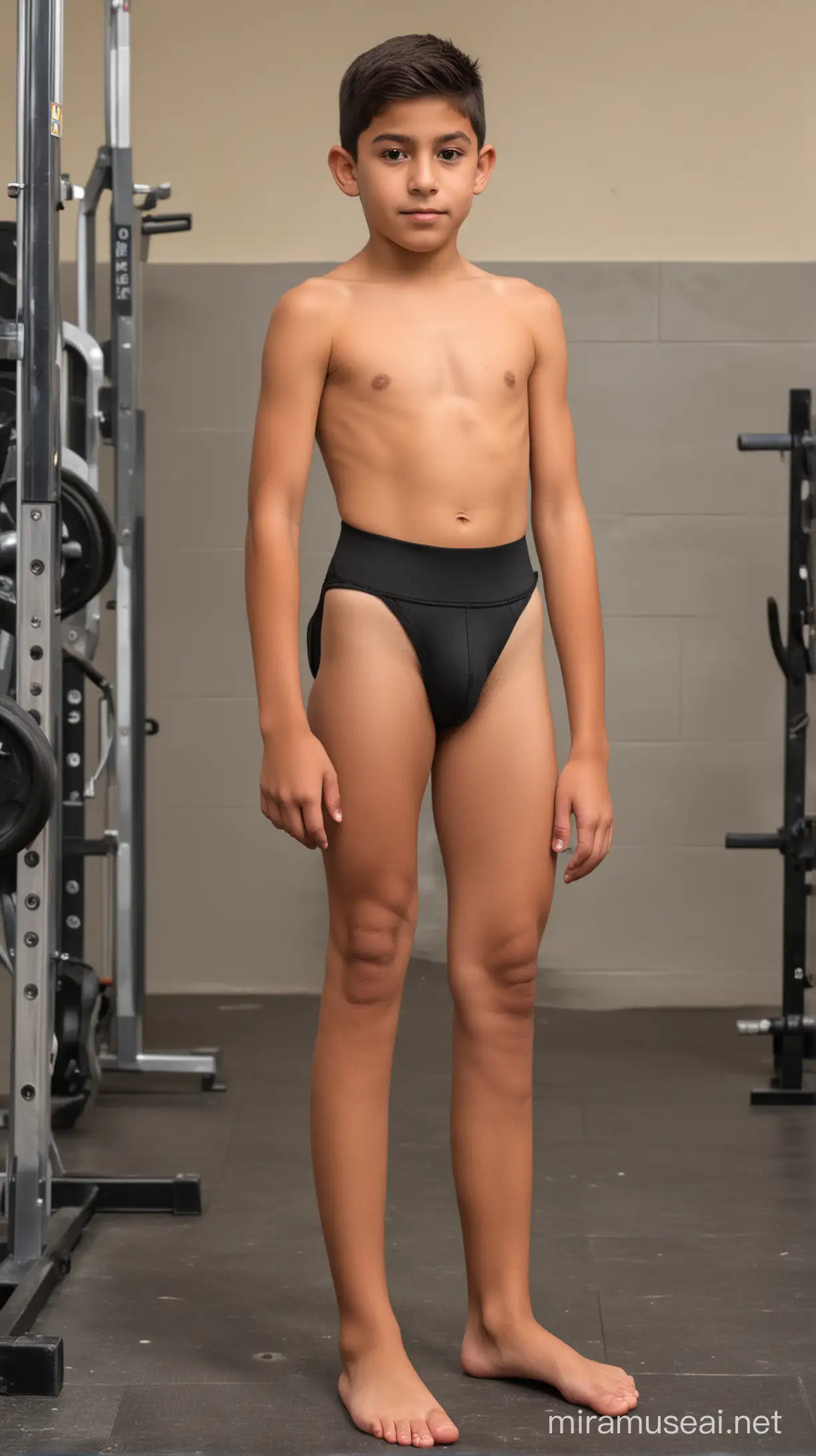 Niño mexicano delgado de 10 años usando jockstrap ñ en el gimnasio de la escuela