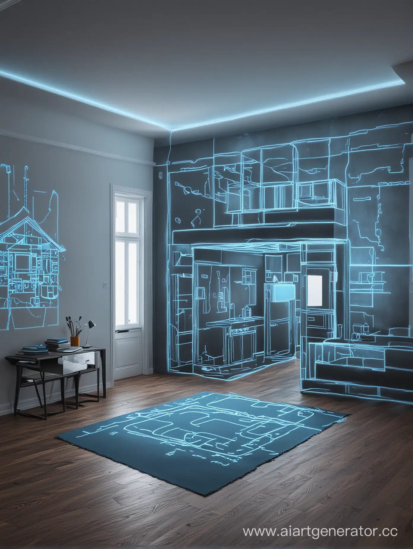 house interior planning with blue neon drawings