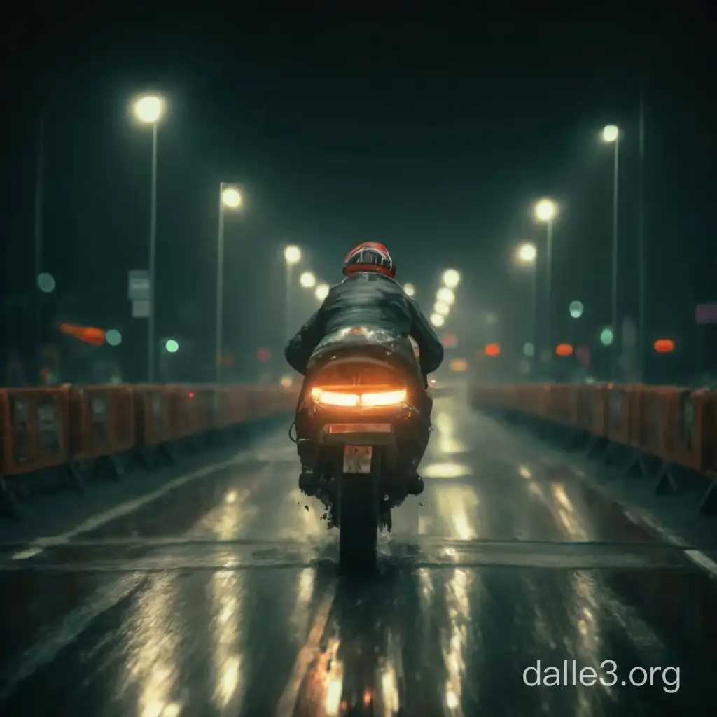 Байк мчит по ночной сверкающей от дождя трассе в ливень ультрареализм фотореализм 7К высокая прорисовка пикселей