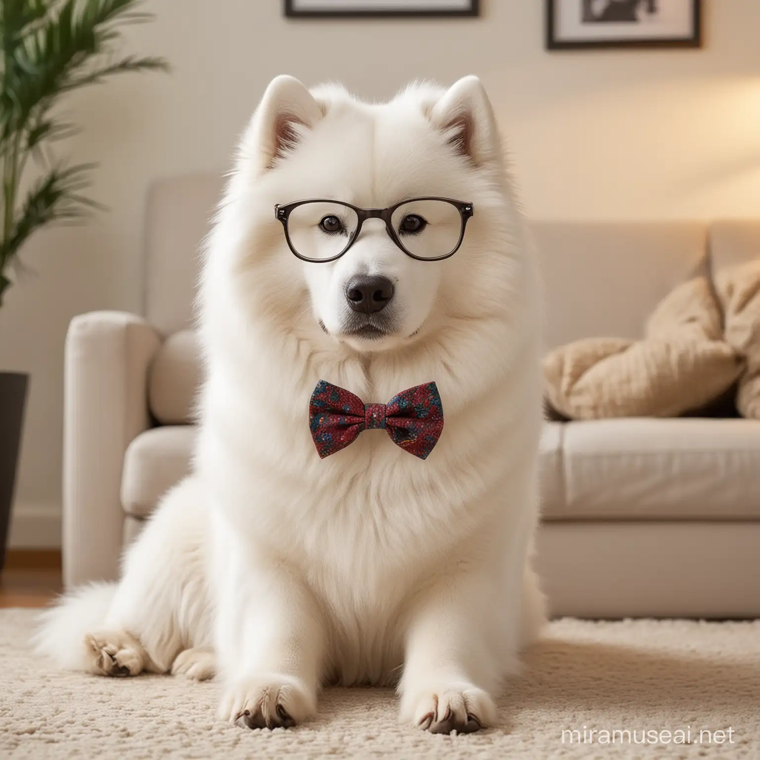 A fluffy Samoyed wearing a tiny bow tie and hipster glasses, sitting proudly in a modern living room.
