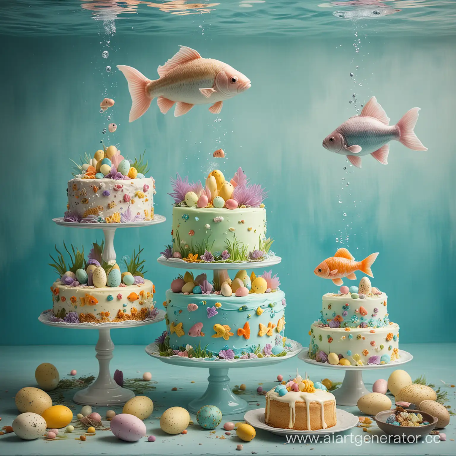 Underwater-Easter-Cake-Decorated-with-Fish-Festive-Dessert-Submerged-in-Aquatic-Scene