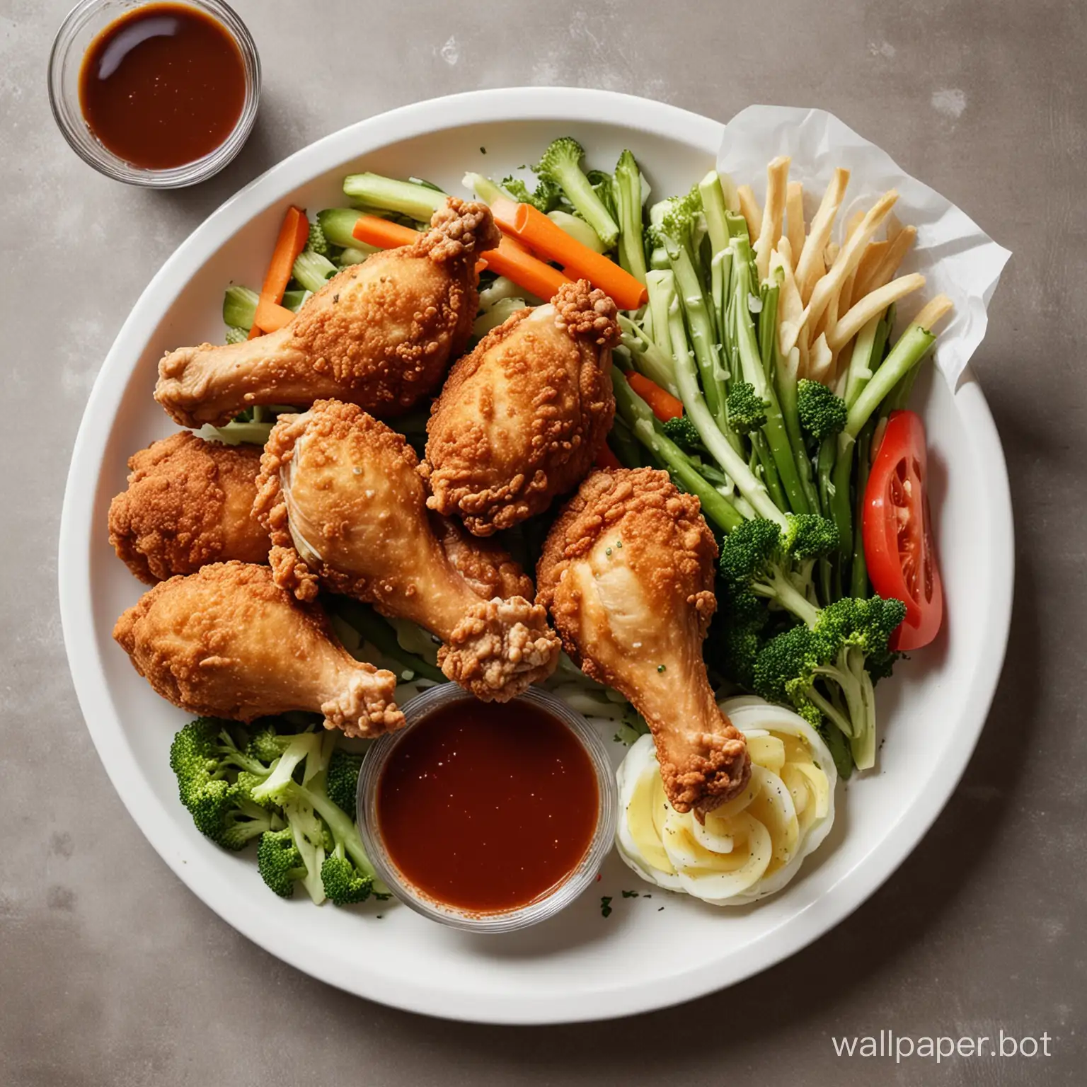 Fried chicken legs + dipping sauce + vegetables