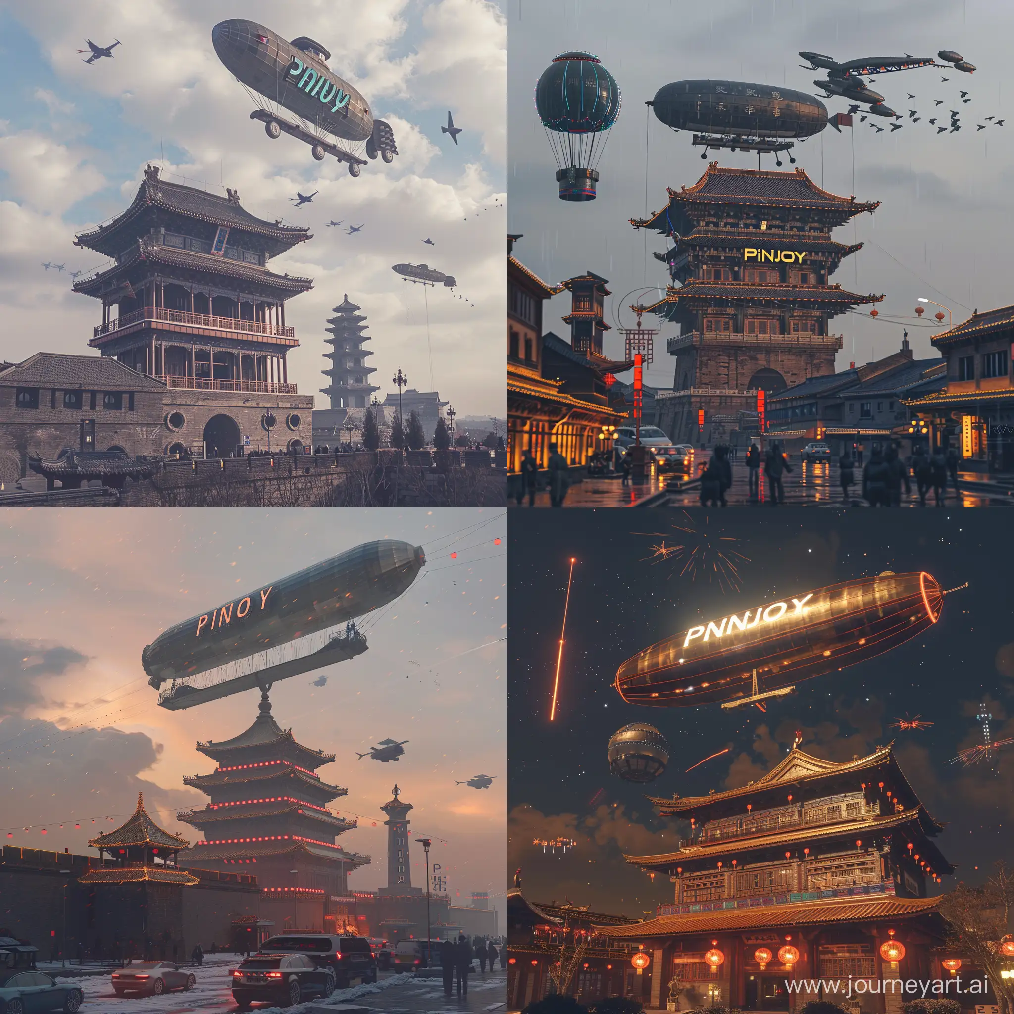 中国西安钟楼中国新年氛围赛博朋克风格，天空中飞一架巨大齐柏林飞艇，PINJOY字母logo，电影质感，