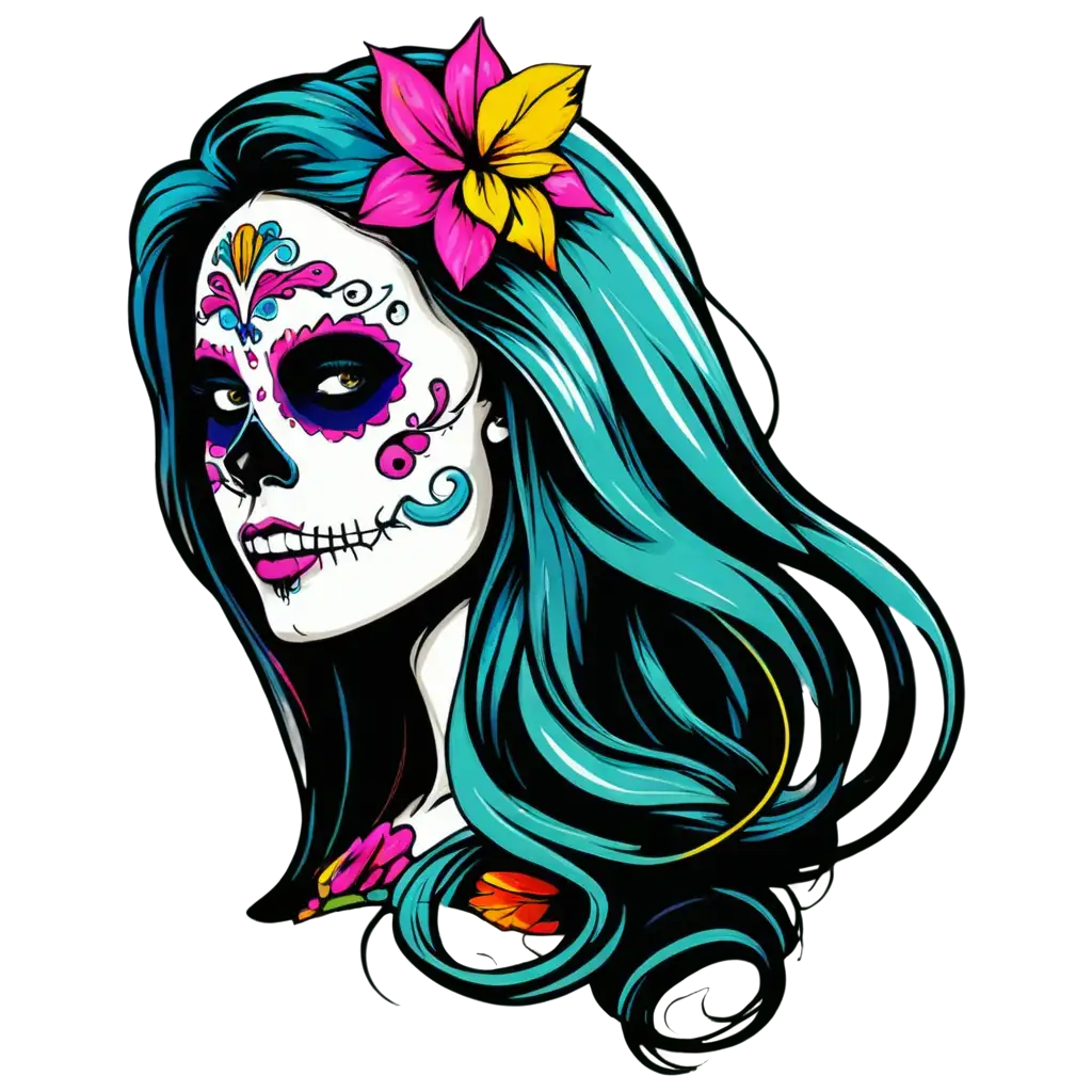 colourful sugar skull with long flowing hair, tropical, ready to print colorful, grafitti style