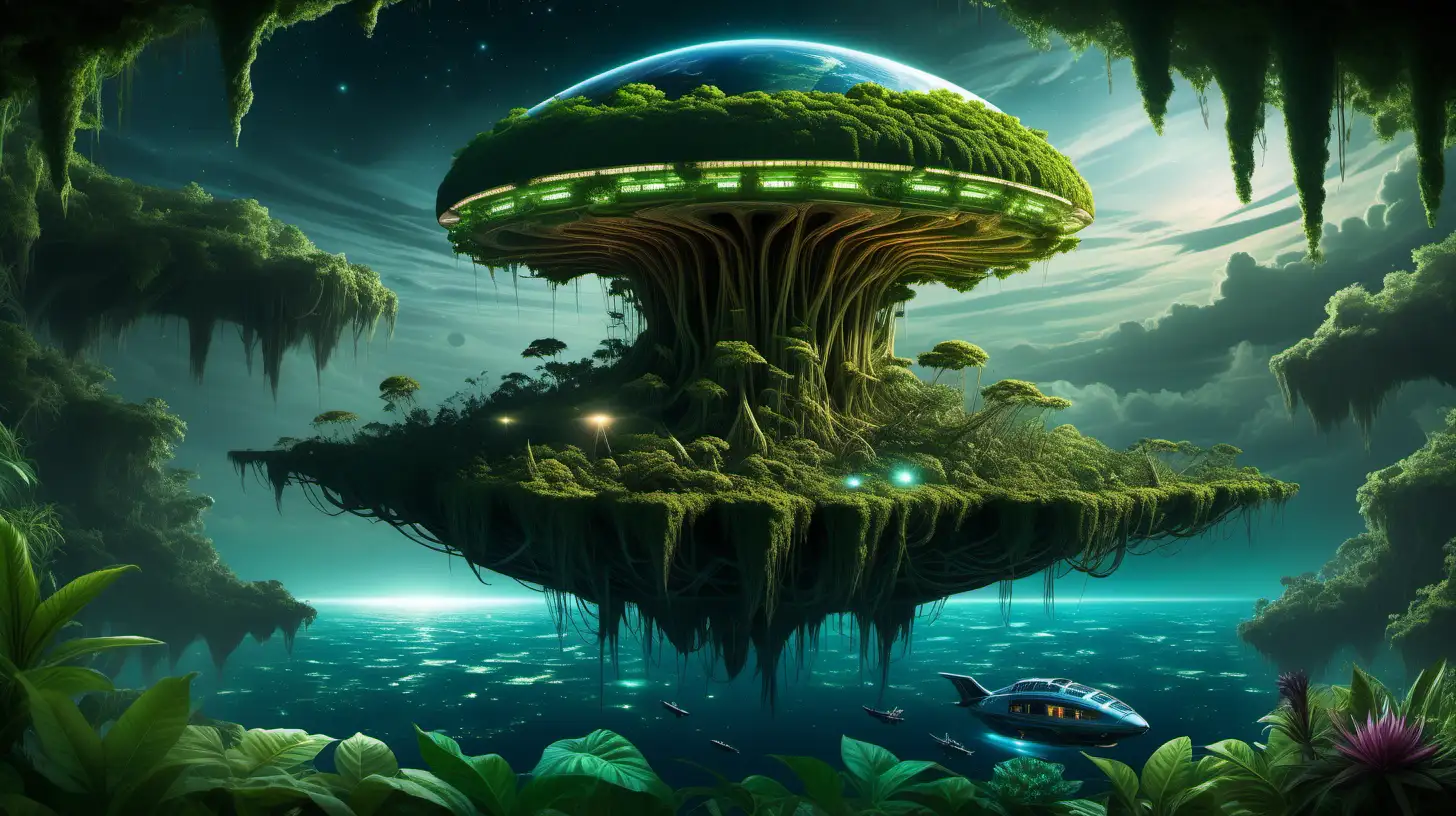 A massive, floating island of vegetation and bioluminescent flora, concealing a hidden alien ship beneath its lush canopy as it approaches Earth.