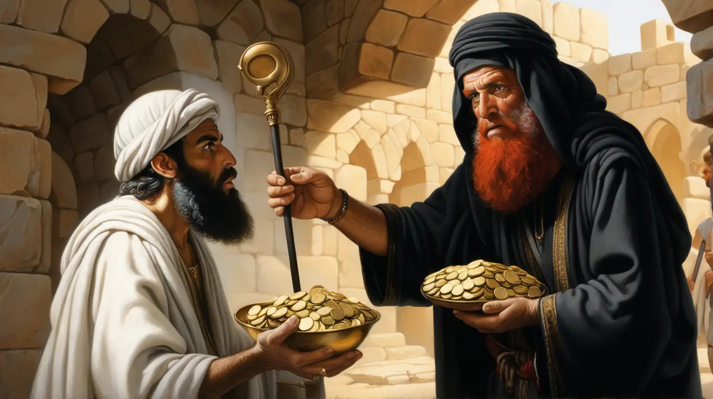 epoque biblique, un vieil arabe habillé en noir l'air soucieux donne une bourse remplie de pièces d'or, à  un jeune hébreux à la barbe rousse avec un foulard blanc sur la tête tenant un gourdin