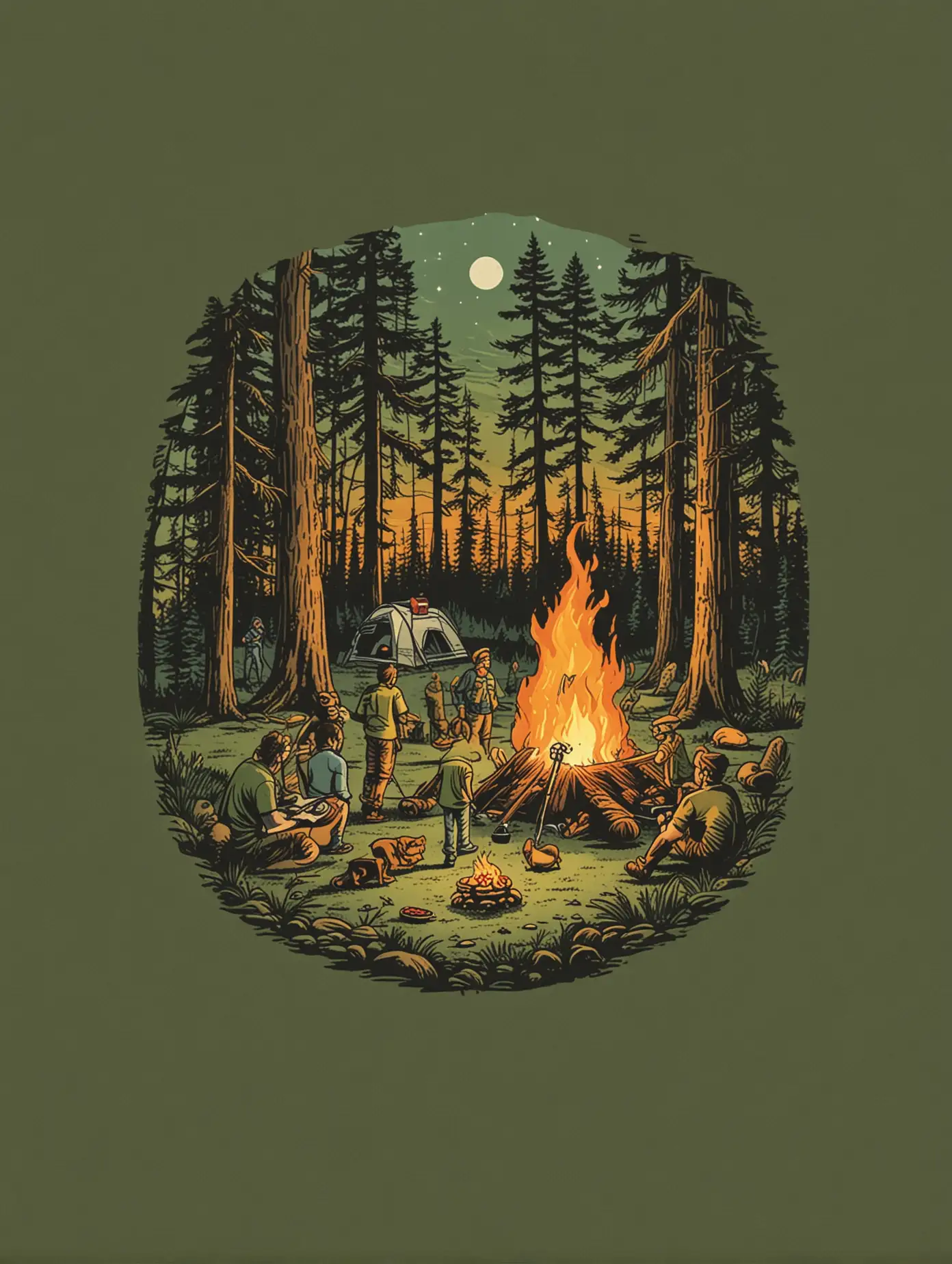 T-shirt Design for "Bigfoot Designs" Forrest Scene at a campsite with a fire with people roasting a hotdog with  a small bigfoot in the distance at night time  spot color design on a military green background