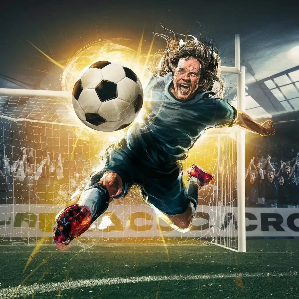 "Capture the emotion of the moment: create a logo for a soccer pitch page, highlighting a player scoring a volley!"