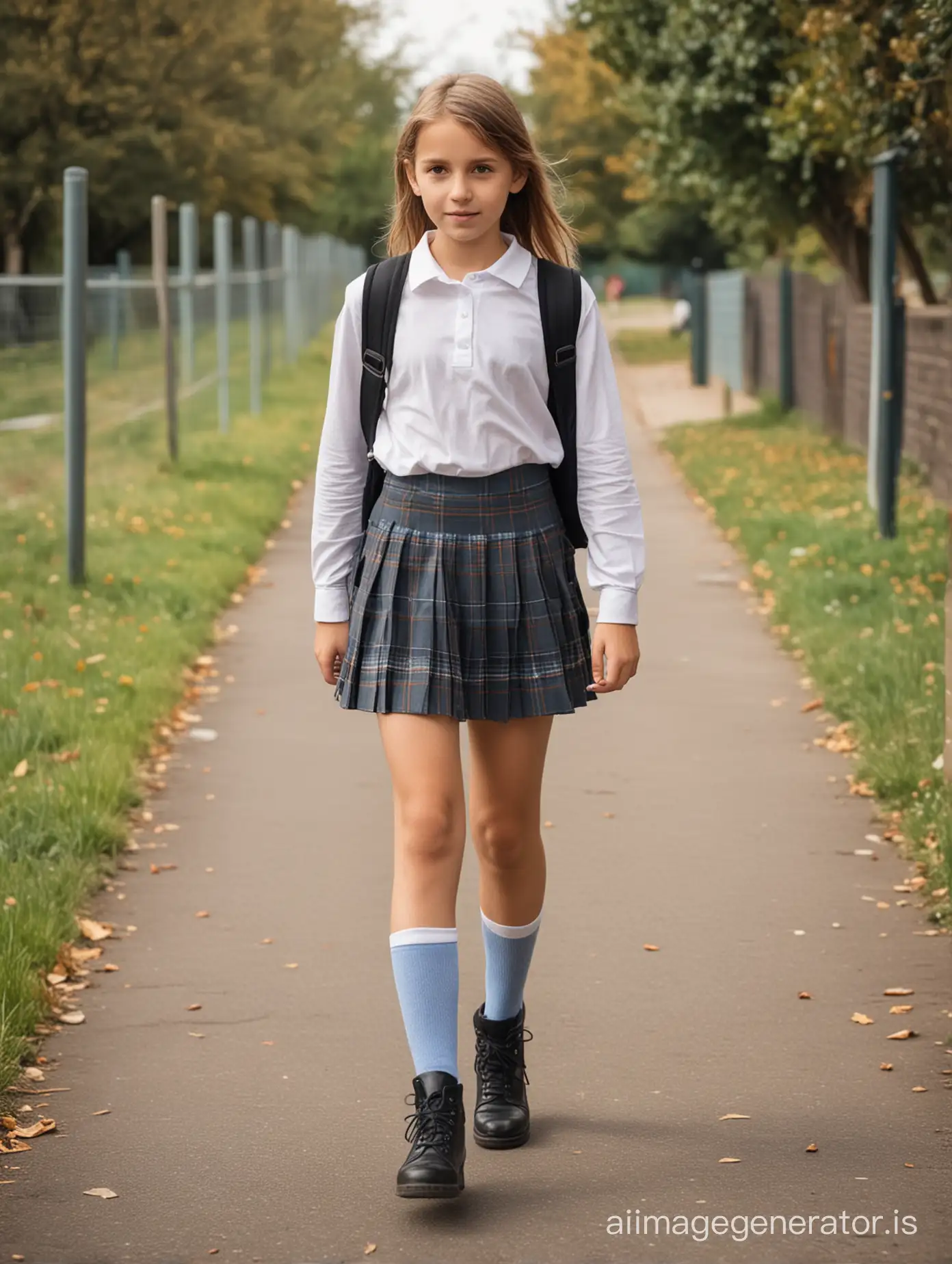 Young girl walking to school with short skirt