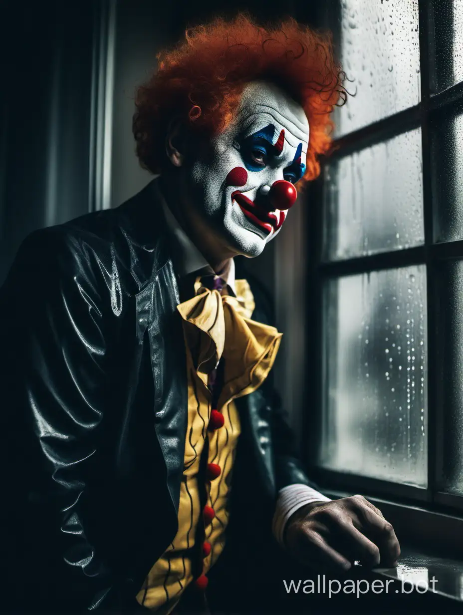 On a rainy day, a handsome clown is melancholic by the dim indoor window.