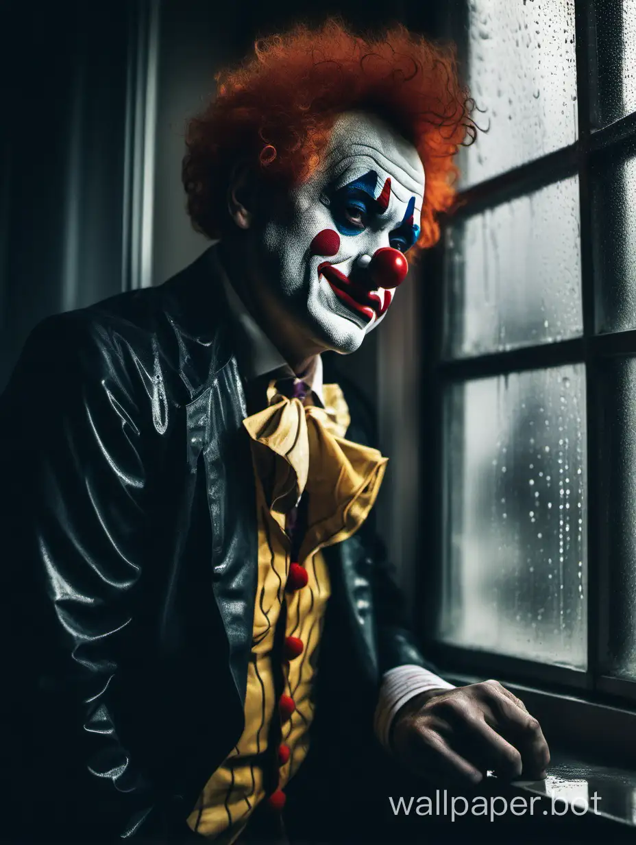 Melancholic-Clown-Gazing-Through-Dim-Indoor-Window-on-a-Rainy-Day