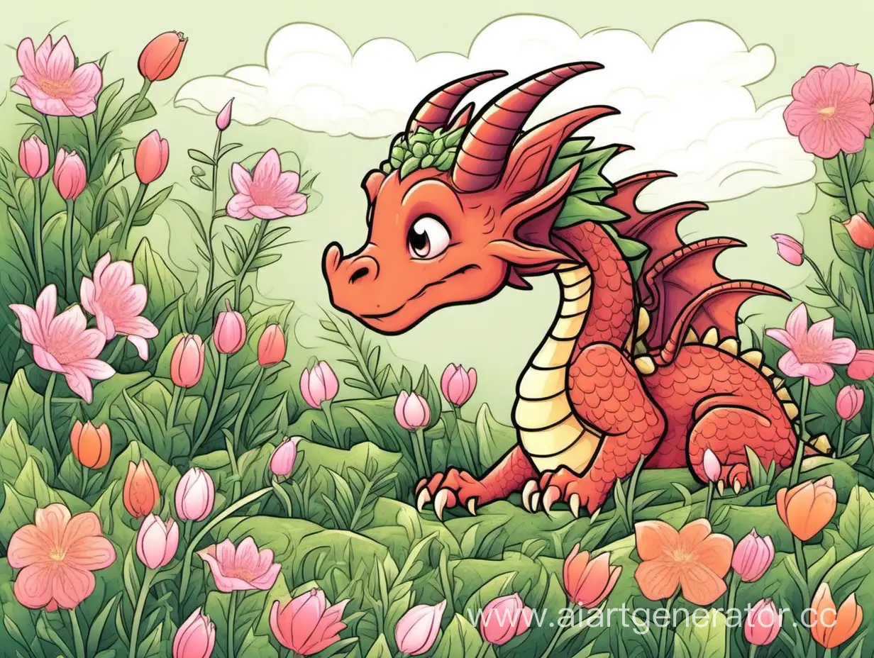 illustration:  dragon digging first flovers in spring 