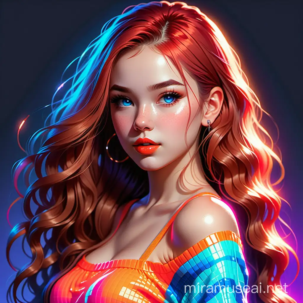 Pixel art,Aivision , ( ( ( Draw a realistic , high- resolution portrait of a girl with a long hair , full red lips), wearing neon top ) ) ( Make sure she is in a full - body pose and has a charming blush on her cheeks ) ( Create an image featuring a character with neon hair ) ( neon blue eyes ) ( The character should have vibrant neon hair that stands out prominently ) ( Their eyes should be a striking shade of neon blue , adding a captivating visual element ) ( Ensure that these two characteristics are prominent in the overall composition ) , The background is a rectangular corridor in raonbow colors,( Explore creativity in incorporating additional elements that complement the neon color palette ) 