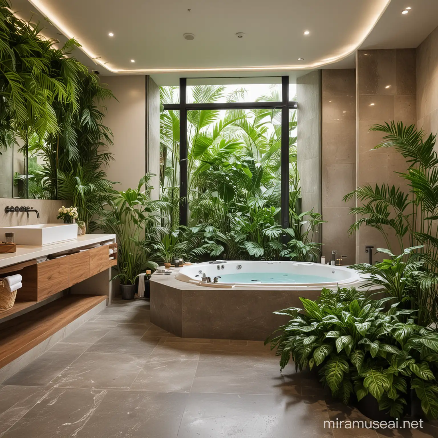 Luxurious Washroom with Plants and a Jacuzzi