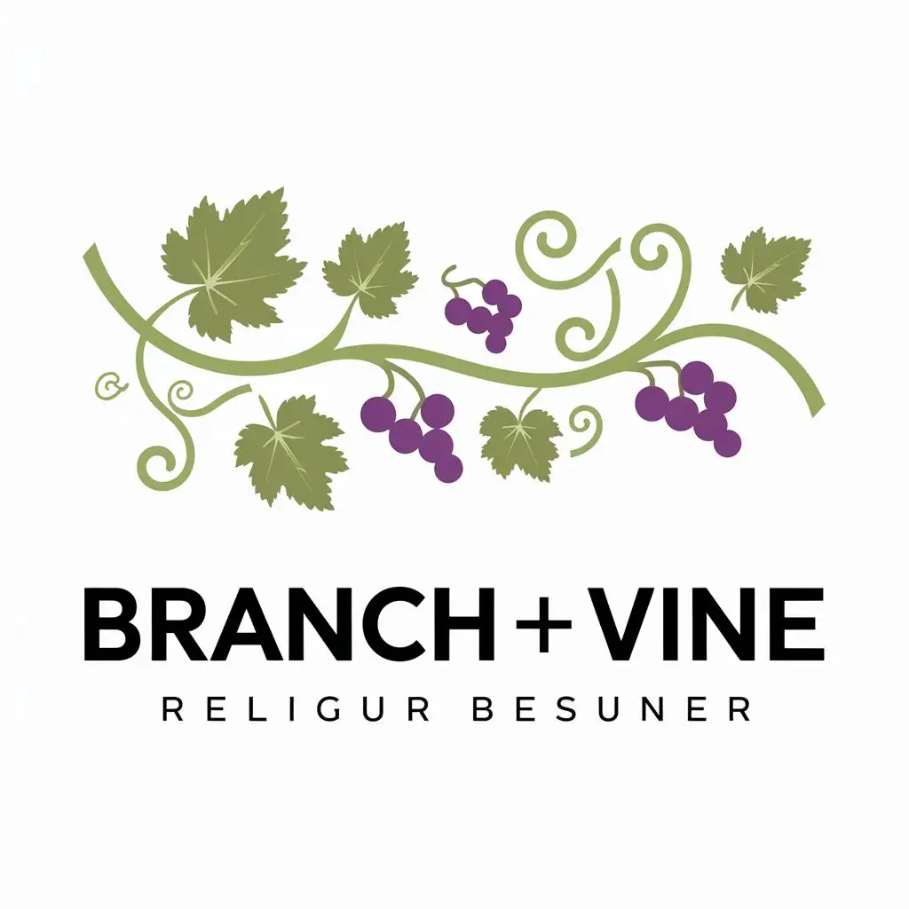 logo, A more rounded vine with playful, flowing branches and prominent leaves/grapes. Bright greens, vibrant purples, or a joyful mix of colors to appeal to a younger audience., with the text "Branch + Vine", typography, be used in Religious industry