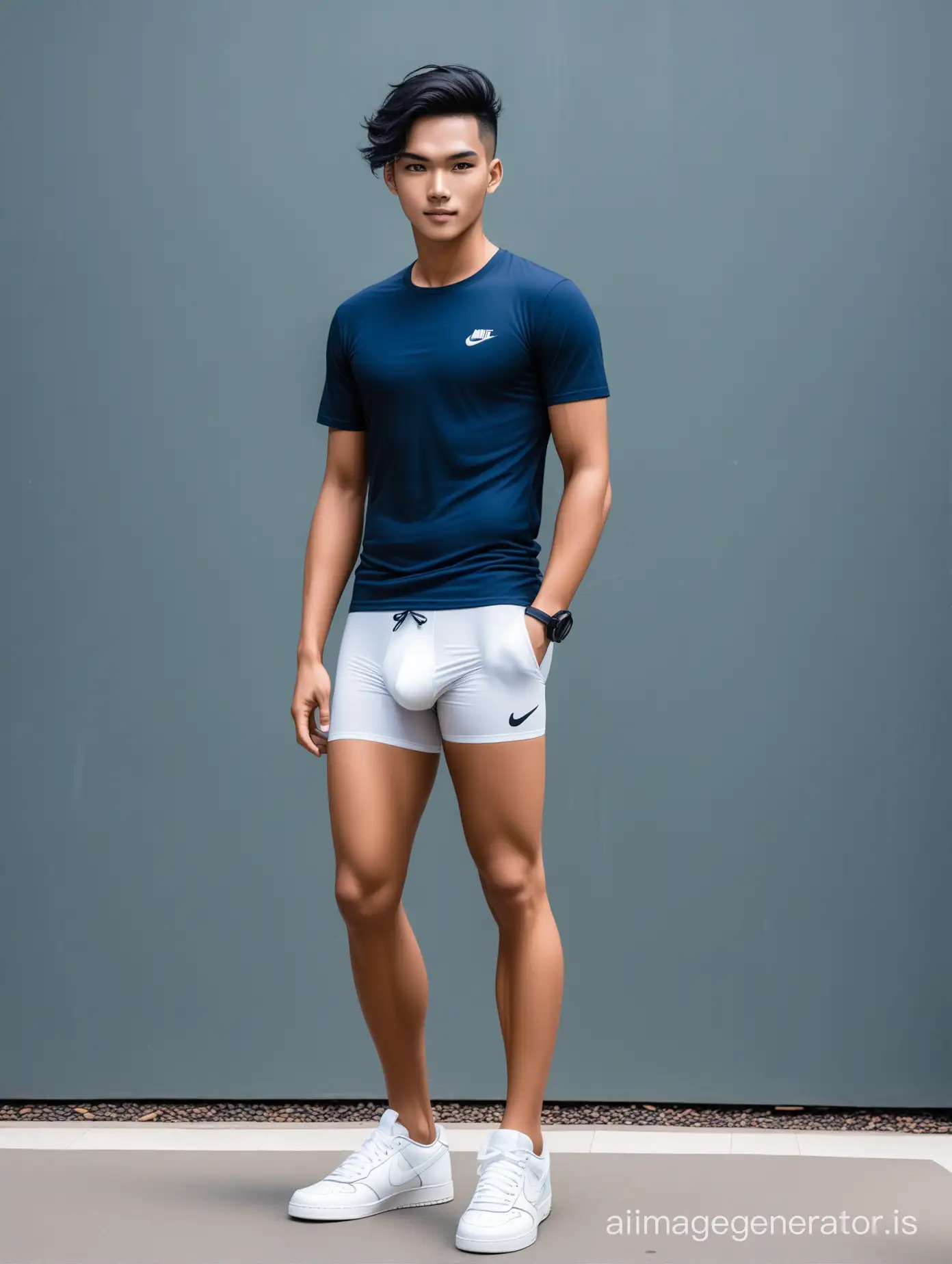 A young Indonesian man is taking his photo outside. He wears dark blue tee shirt and white Renoma underwear brief. And Nike white shoes. Handsome, his hair is black and short. Full body. Hyper realistic. 16K.