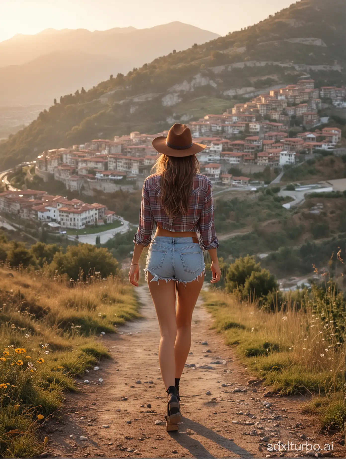 Professional Photo of back of young Italian woman walking with her bike away from viewer. Dressed with ripped daisy dukes and crop top flannel shirt. Revealing clothes. Wearing a hat. fat thick legs. old italian city on a hill in background, large mountains in the background, wide angle shot, aerial view, harmonious atmosphere, warm autumn colours, Sunset. Mist in valley