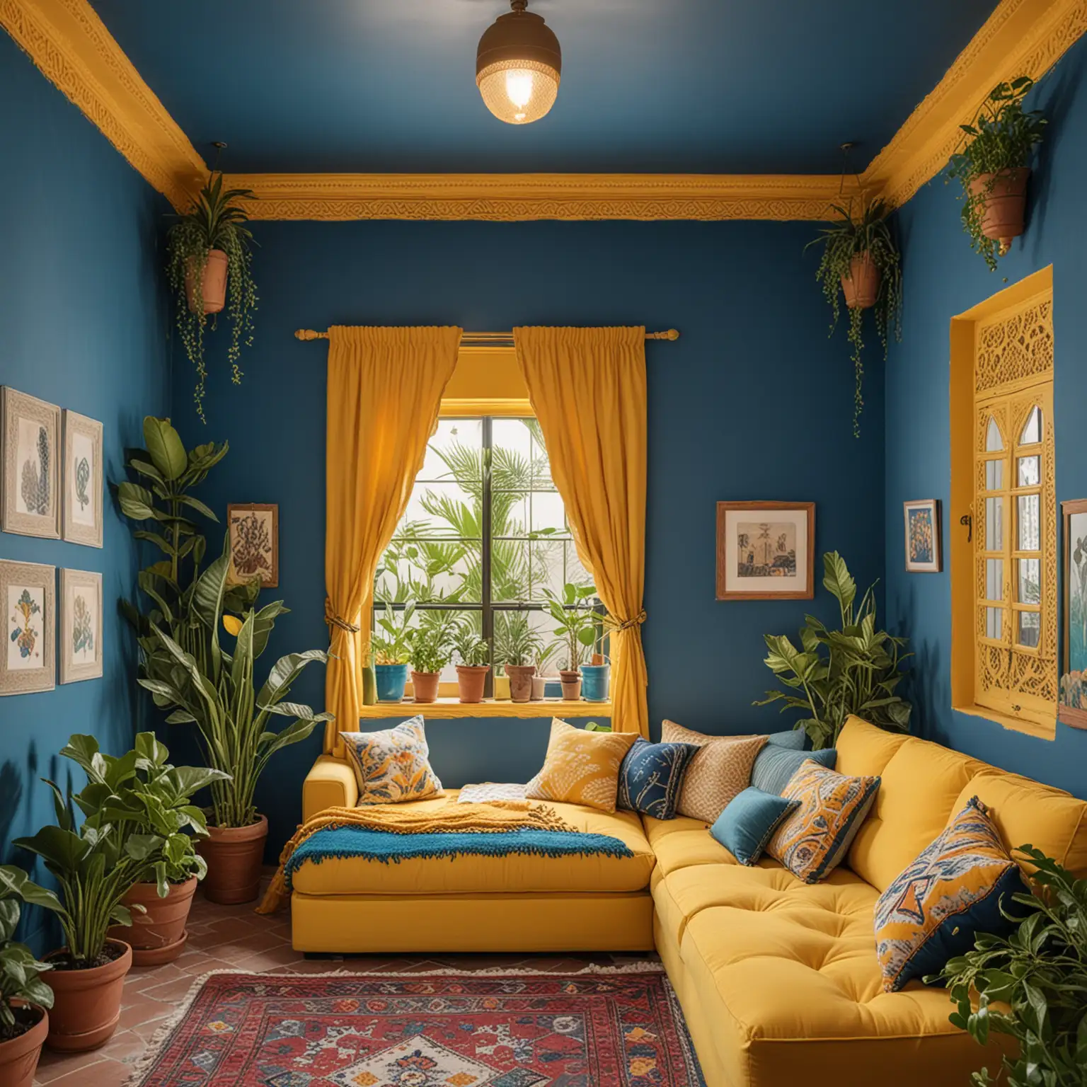 home theater small room, projector, one window, cozy, moroccan inspired, moroccan blue painted walls, yellow details in wall, cozy small sofa, artificial plants, cute paintings hanging on the walls.