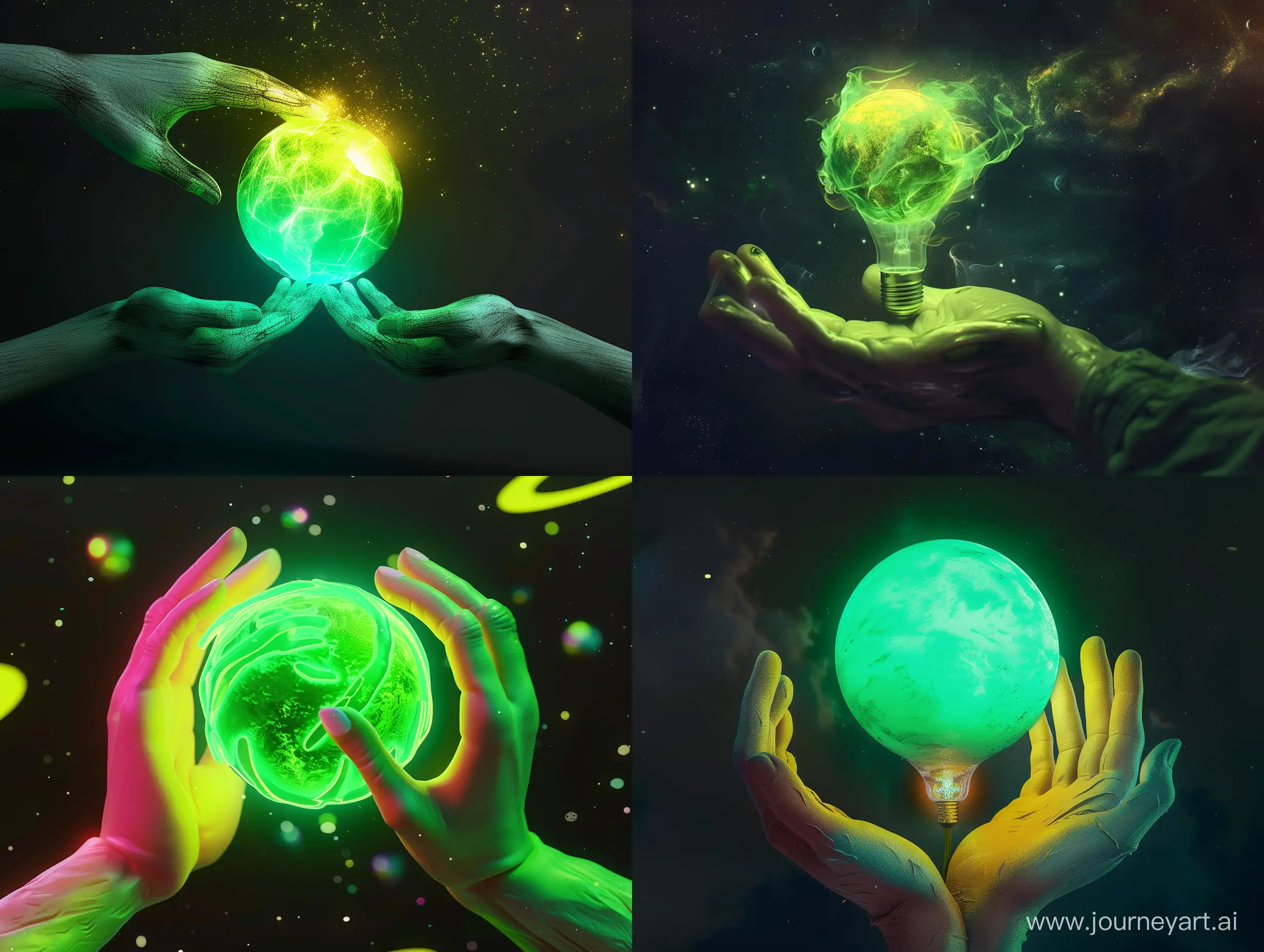 high quality with perfect detailed create A real advertising scene from an idea between magical beauty hands protect and support the idea like a Phosphor green planet on an orbit this should be an Advertising picture with black space or galaxy background  colorful, neon, light is main color  use marketing, strategies, brand identity, development, orbit, idea, Lamp, wave, hands as subject  create an 3D image with highest quality negative prompt: Disfigured, cartoon, blurry