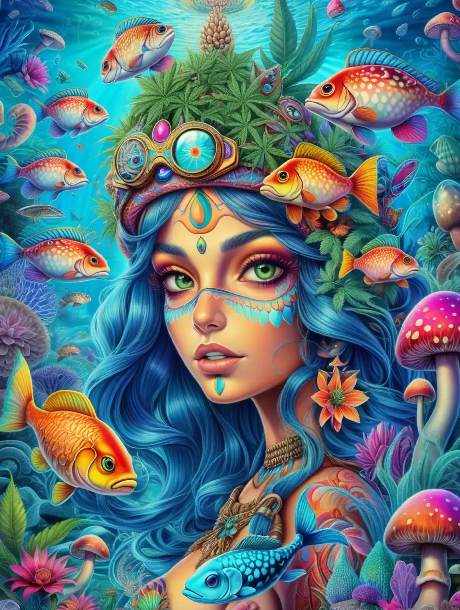 Psychedelic colors and patterns, a field of cannabis, flowers & magic mushrooms, under the sea with beautiful fish, vibrant colors with an exotic woman with the all seeing third eye up front