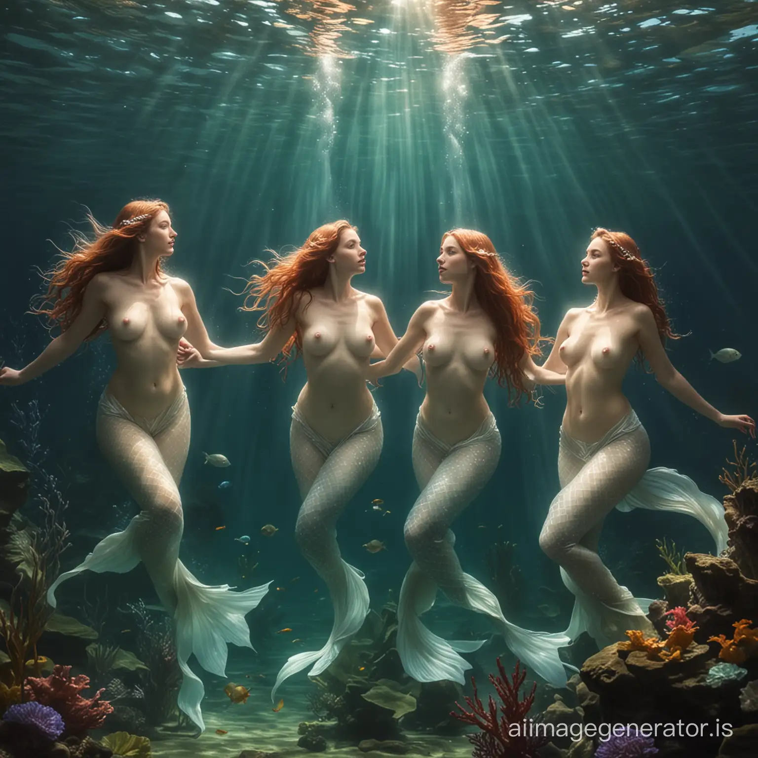 three mermaids underwater nude art 