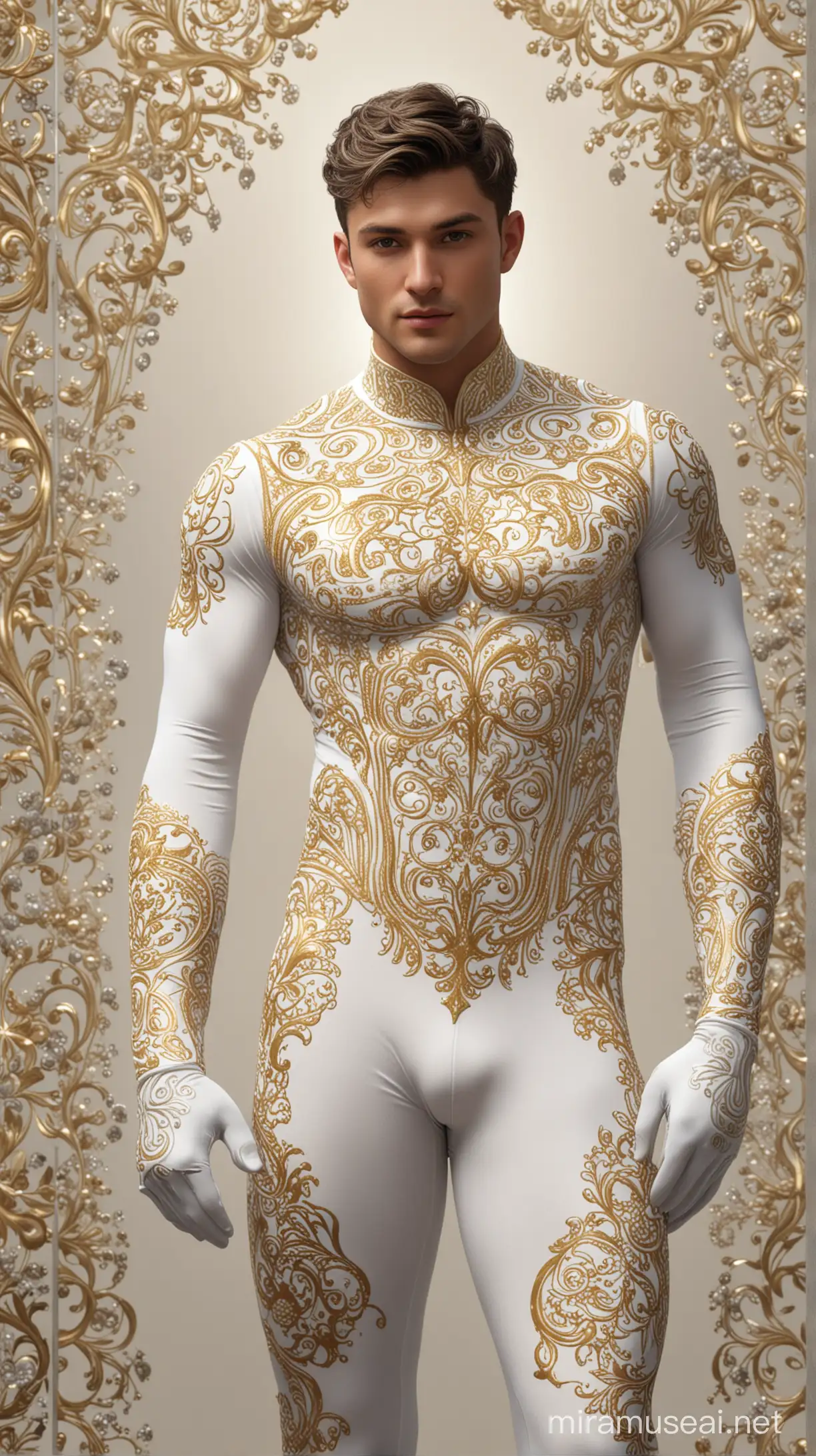 Celestial Teng Aesthetically Enhanced Fractal Male in White and Gold Biomorphic Spandex