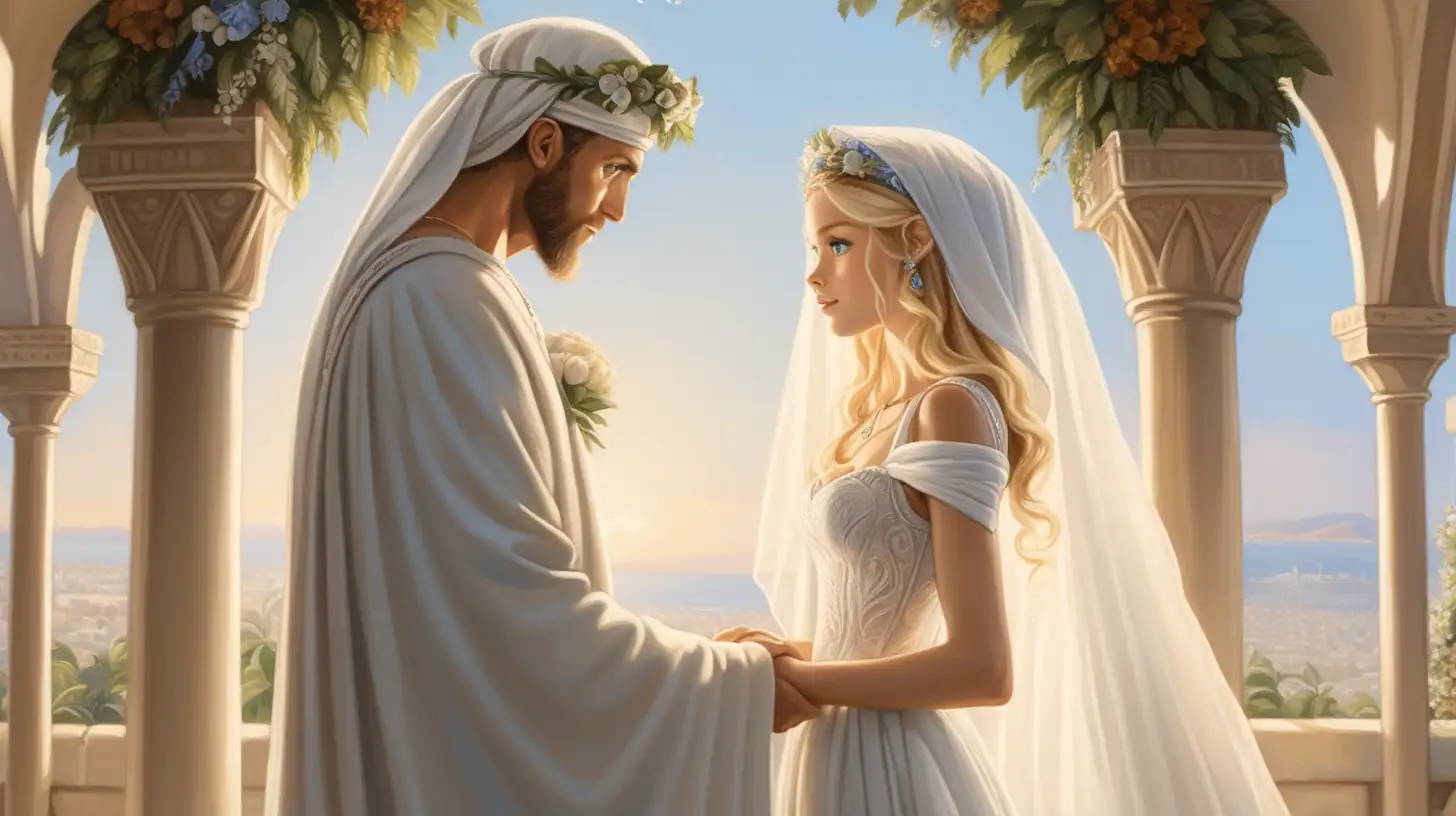 epoque biblique, un hébreu avec un foulard sur la tête, sous le dais nuptial, se marie avec une mariée blonde aux yeux bleux, robe de mariée pudique couvre ses épaules et son cou