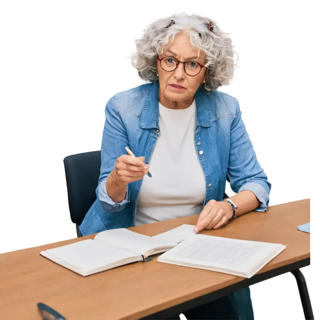 An elderly teacher, a woman with a short, curly haircut, wearing glasses, sits alone at her desk and checks her students' homework